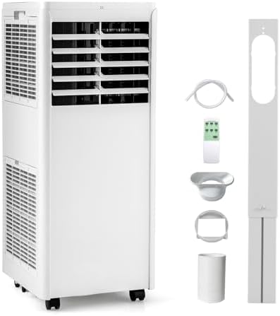 COSTWAY Portable Air Conditioner, 8000 BTU Standing Air Cooler w/Fan & Dehumidifier, 24H Timer, Remote Control & Window Installation Kit, AC Unit Cools Rooms up to 250 Sq.Ft