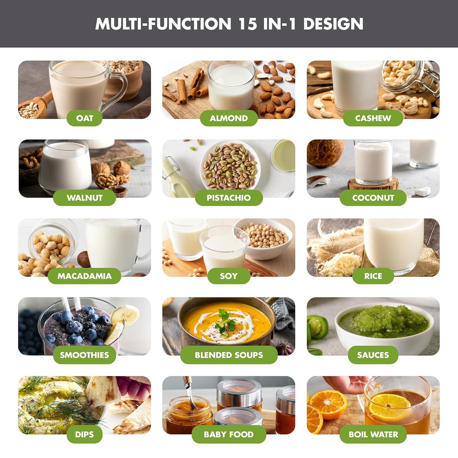 GreenPan Nut Milk Maker, 15-in-1 Homemade Soy, Almond, Oat, Coconut, Non-Dairy, Rice, Soup, Baby Food, BPA-Free, Smooth Creamy Texture, Self Clean, Barista Quality Milk, Delay Start, Boil Water, Gray