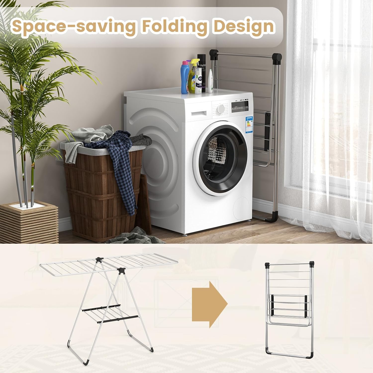 Tangkula Collapsible Clothes Drying Rack, 2-Level Folding Aluminum Drying Rack w/Height-Adjustable Wings, Bottom Shoe Rack, Space-Saving Laundry Drying Rack for Indoor & Outdoor Use, Silver