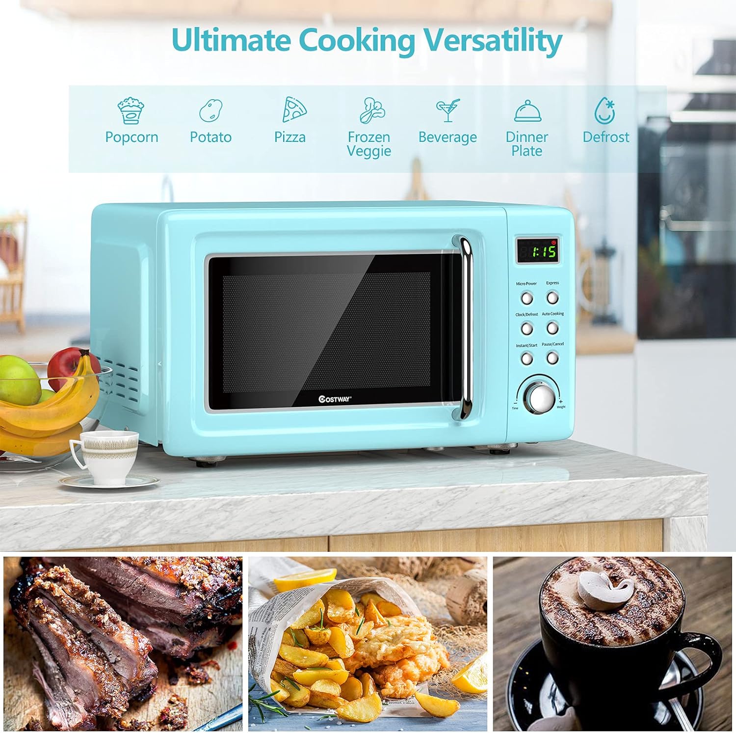 COSTWAY Retro Countertop Microwave Oven, 0.7Cu.ft, 700-Watt, High Energy Efficiency, 5 Micro Power, Delayed Start Function, with Glass Turntable & Viewing Window, LED Display, Child Lock (Green)