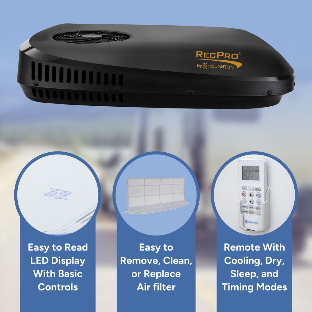 RecPro RV Air Conditioner 13.5K BTU | Low Profile Non-Ducted AC with Heat Pump | Quiet Cooling & Heating | 110–120V | Easy Install | for Campers, Travel Trailers, RVs, Motorhomes, Food Trucks (Black)