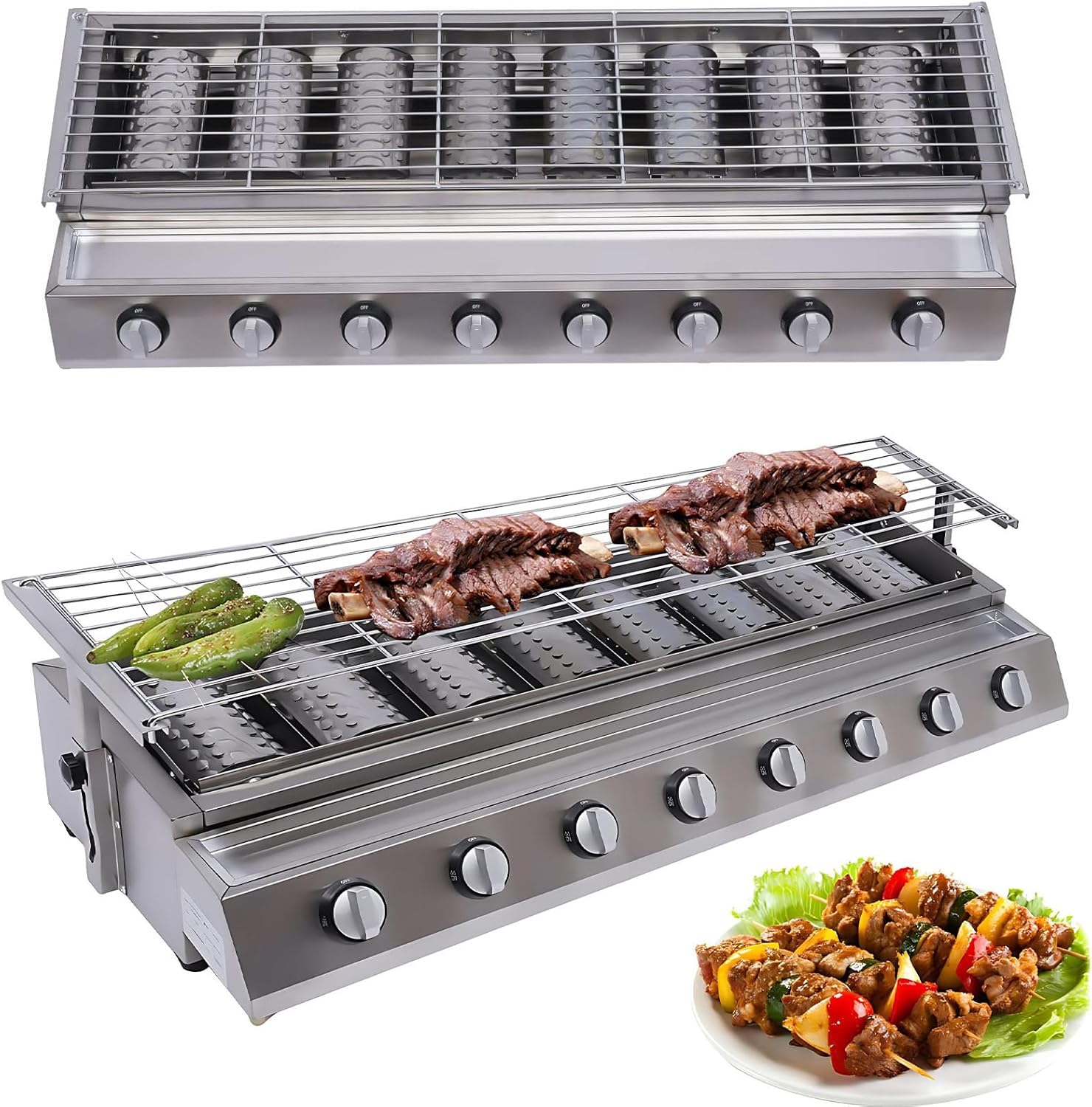 Professional Commercial Gas Grill & Stainless Steel Barbecue with 8 Burners, Yakitori Style and Oil Tray, Suitable for Restaurants, Backyard BBQ and Outdoor Events