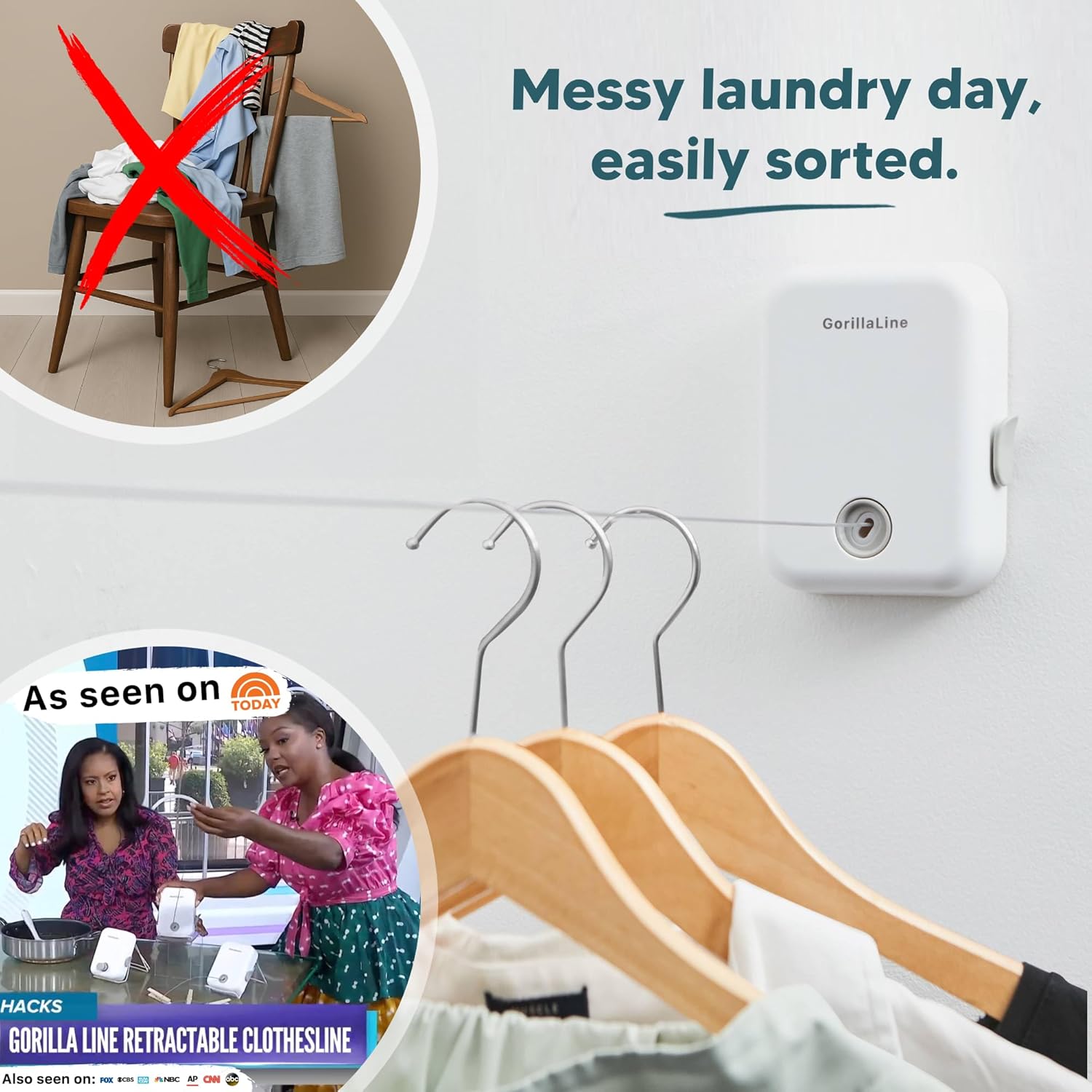 GorillaLine - Retractable Clothesline Indoor Outdoor Clothes Line | Heavy Duty Clothes Drying Laundry Line | Wall Mounted Drying Rack Clothing Line