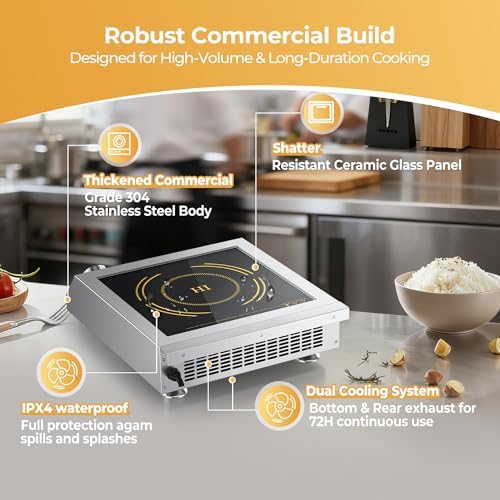 Commercial Induction Cooktop 3500W/220V, Professional Portable Countertop Burner, 9 Power/Temp Levels Dual Cooling Fans IPX4 Waterproof 72H Continuous Use, Overheat Protection
