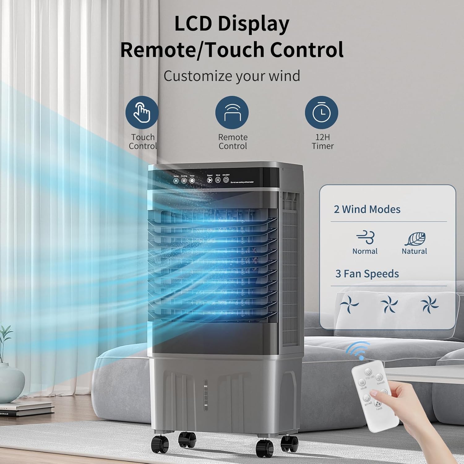 Zynkez 8.2 Gal Swamp Cooler with Remote, 2800CFM Portable Evaporative Air Cooler with 12H Timer, 3 Seepds, 6 Ice Packs, 120°Oscillation, Swamp Cooler Fan for Room, Bedroom, Garage