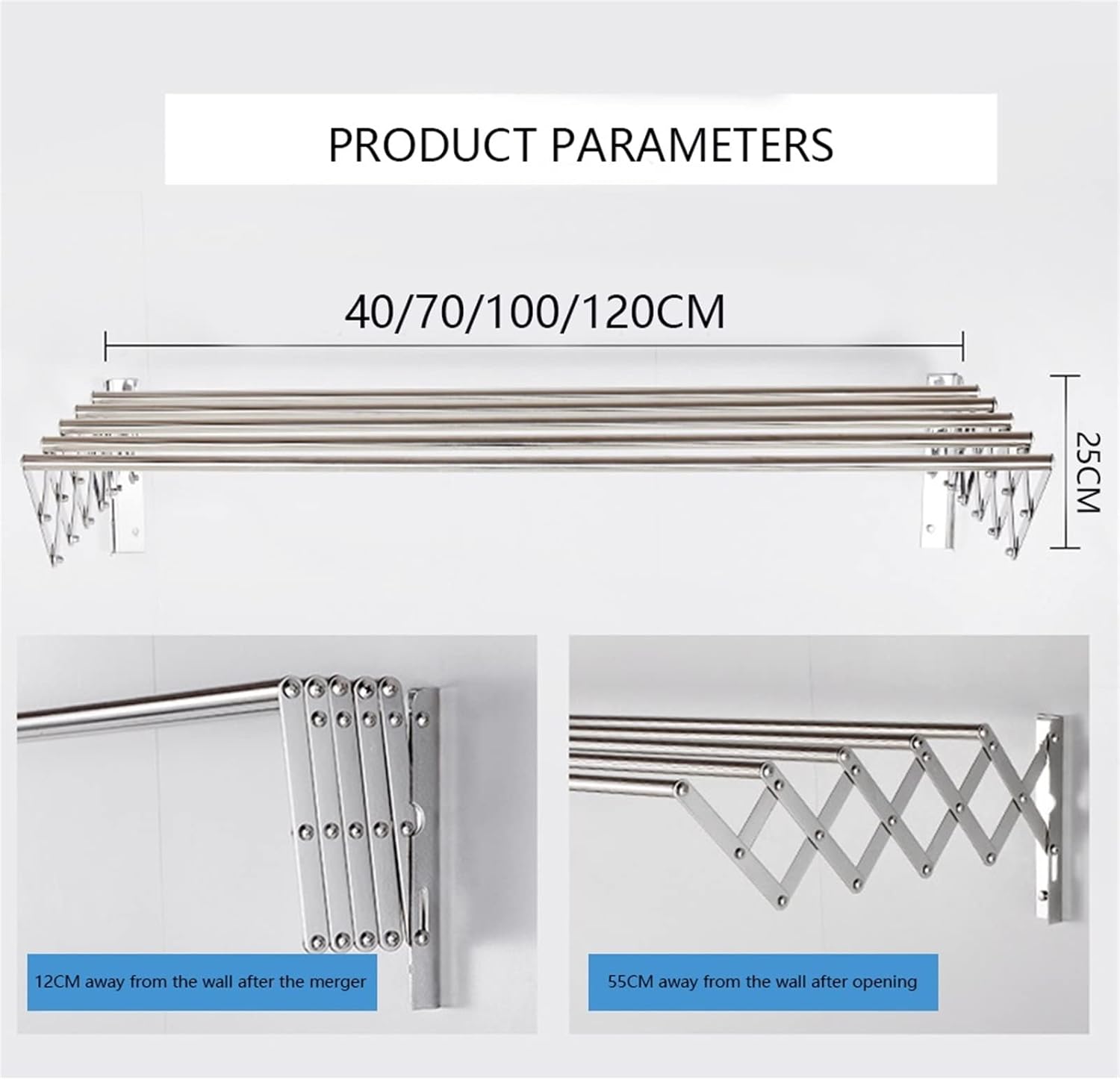 Home Retractable Clothes Drying Rack Wall Mounted Folding Hanger Drying Rustproof Easy to Install Design 110 Lb Capacity (Size : 70cm)