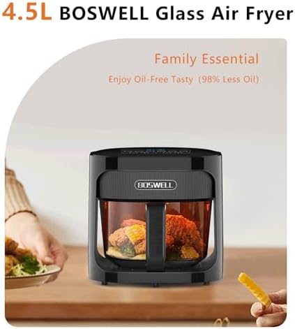 BOSWELL Glass Air Fryer, 4.5QT Transparent Fry Bowl, Circulating Heating, Non Toxic, Large Capacity Air Fryer Roast, Temperature Control Dishwasher Safe (Black)