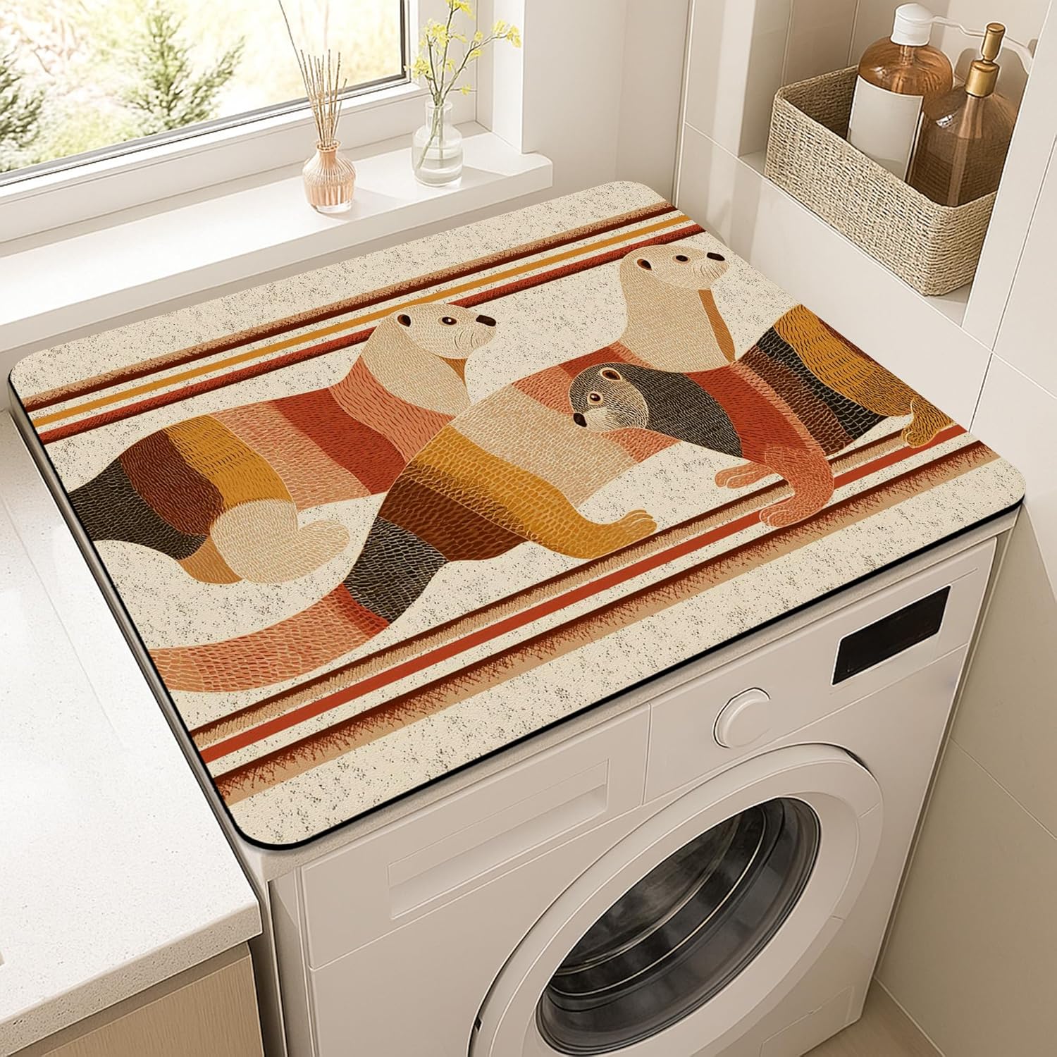 Otter Washer Dryer Top Protector Mat, Rustic Animal Patterns Laundry Machine Dust Covers, Vintage Rubber Anti-slip Waterproof Washer And Dryer Mats for Laundry Room 20x24 Inch