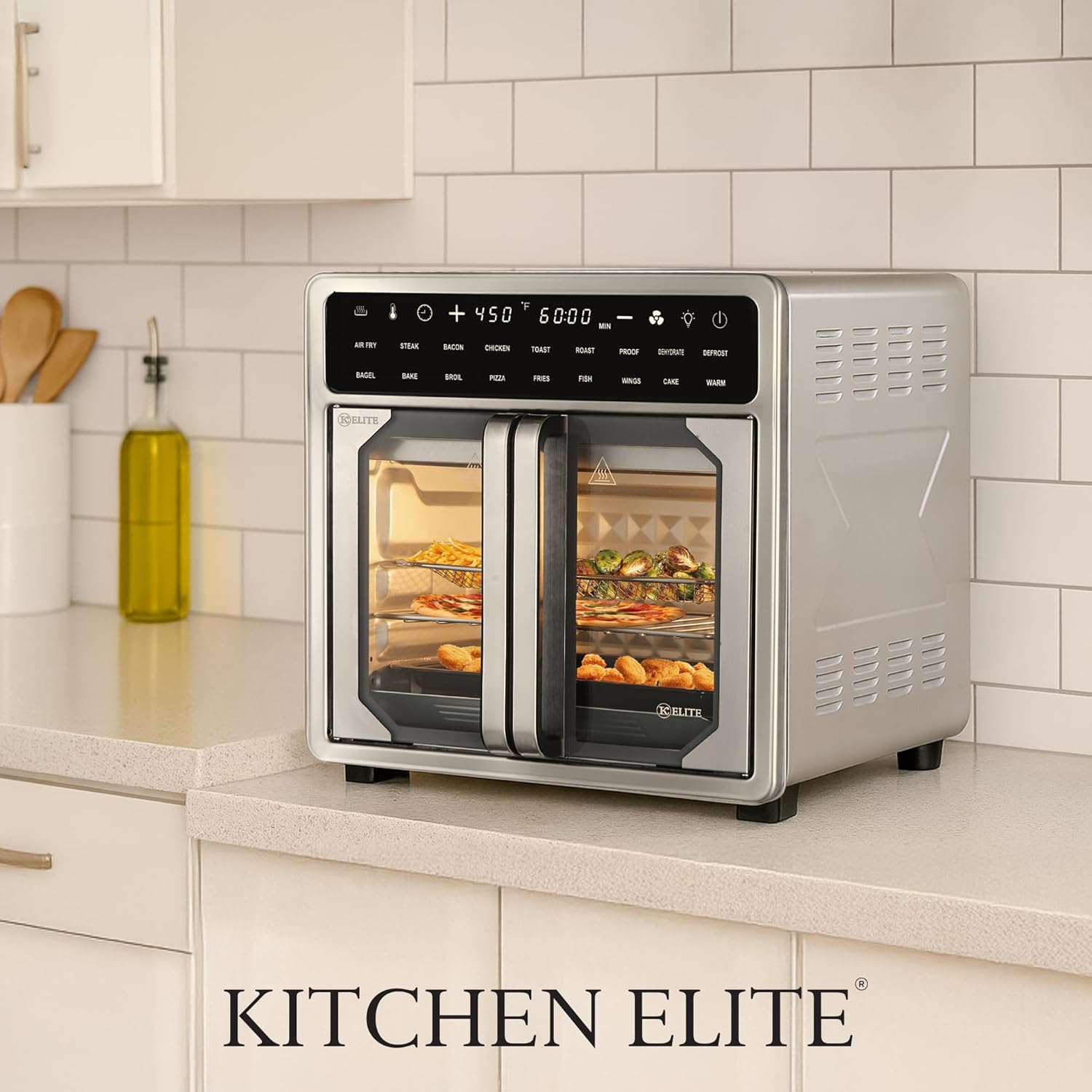 Kitchen Elite 16 Quart French Door Air Fryer Oven – Family Size Countertop Convection Cooker with LED Display, Stainless Steel