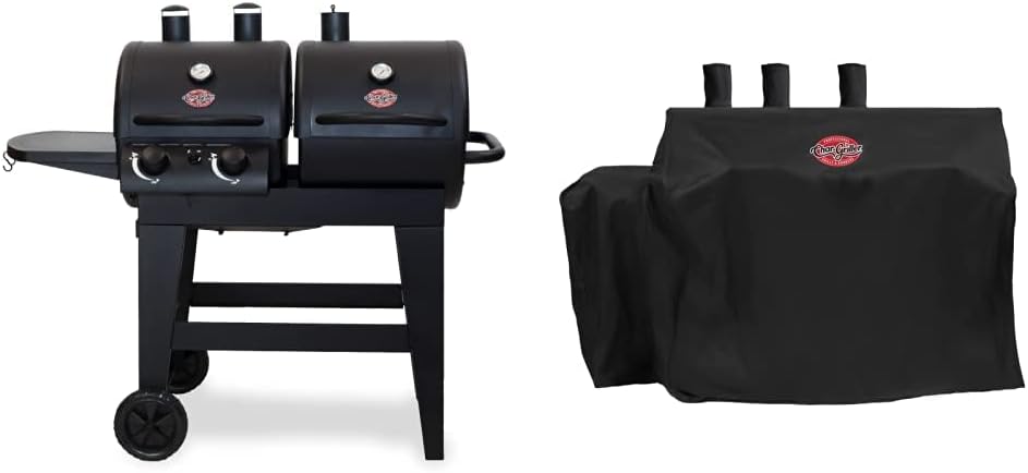 Char-Griller E5030 Dual Function 2-Burner Gas & Charcoal Grill, Black & 8080 3-Burner Dual Fuel Expandable Gas & Charcoal Outdoor Grill Cover, Black, 29 x 65 x 49