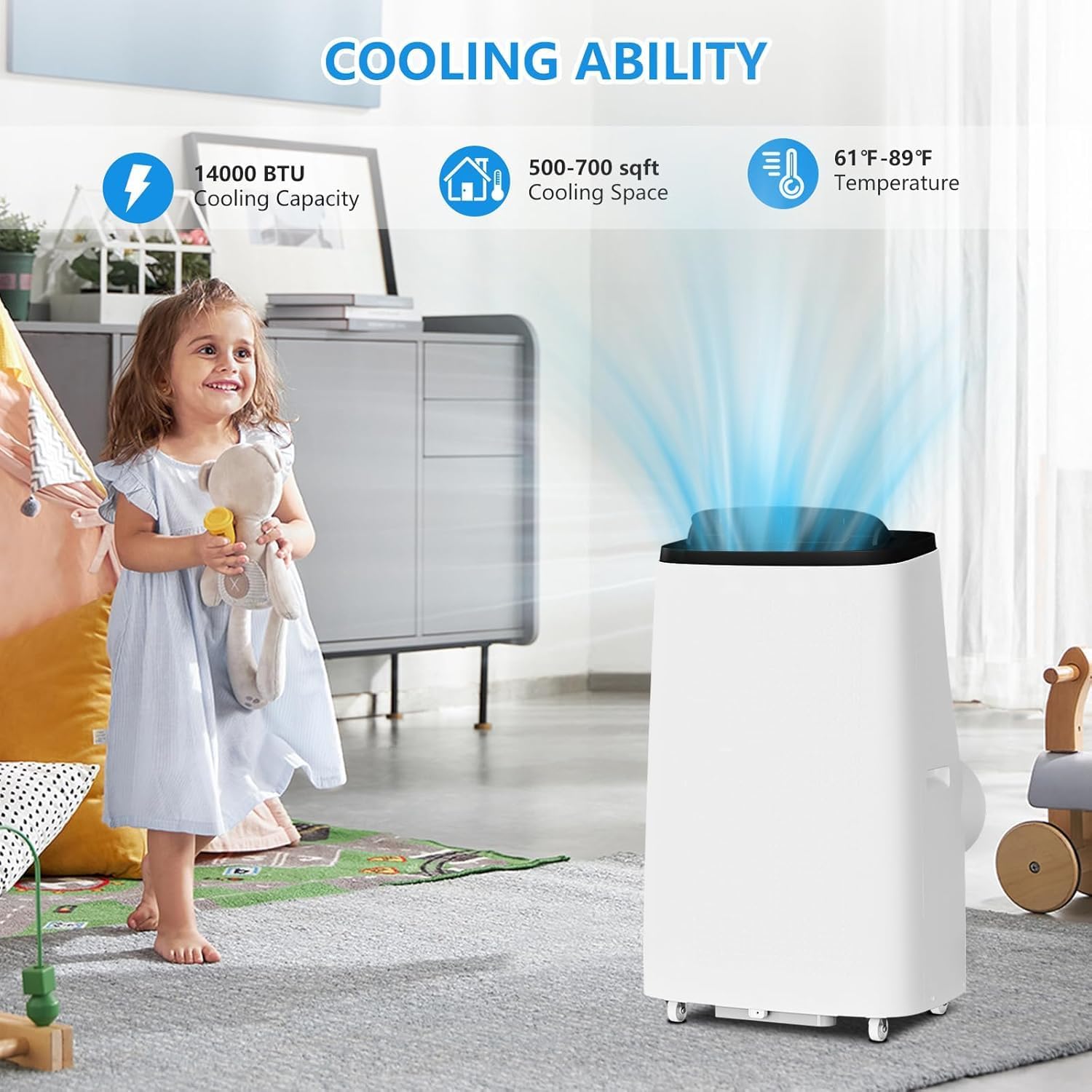 14000 BTUs Portable Air Conditioner – 3-In-1 Ultra-Quiet Cooling, Dehumidifier & Fan for Rooms Up to 750 Sq. Ft, AC Unit for Large Room, Campervan, Sleep Mode, 24H Timer & Windows Kit, White