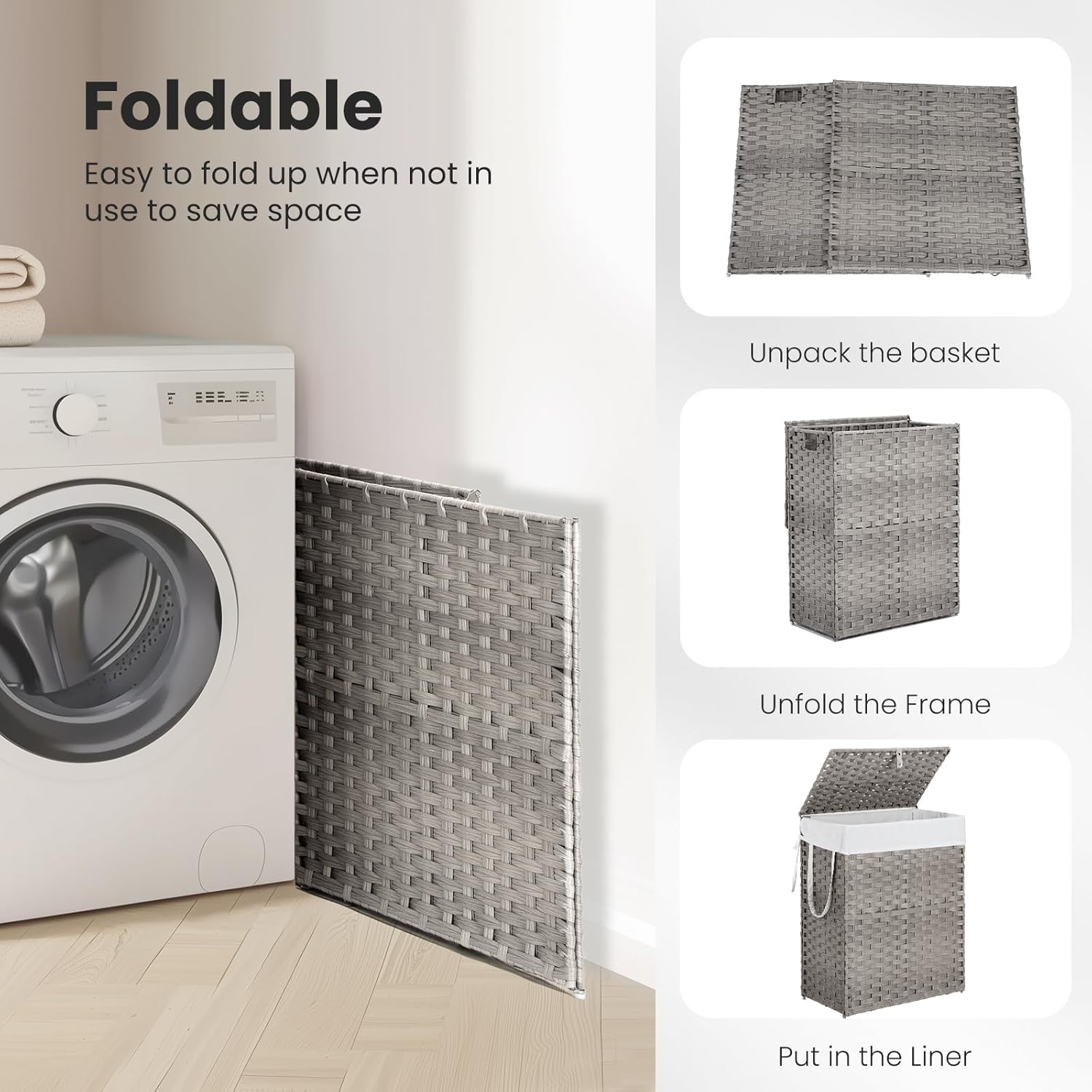 DUMOS Woven Laundry Basket with Lid, 90L Large Capacity Hamper, Removable & Machine-Washable Liner, Foldable Rattan Clothes Hamper, Sturdy Steel Frame, Odor Control, Dove Gray