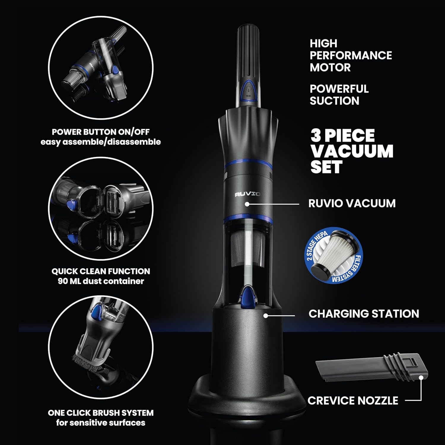 Ruvio Handheld Vacuum Cordless for Home and Car, Lightweight Portable Hand Held Vacuums Cordless Works on Pet Hair, Floor, Hard Wood, 2X HEPA Filtration, Crevice Nozzle Included