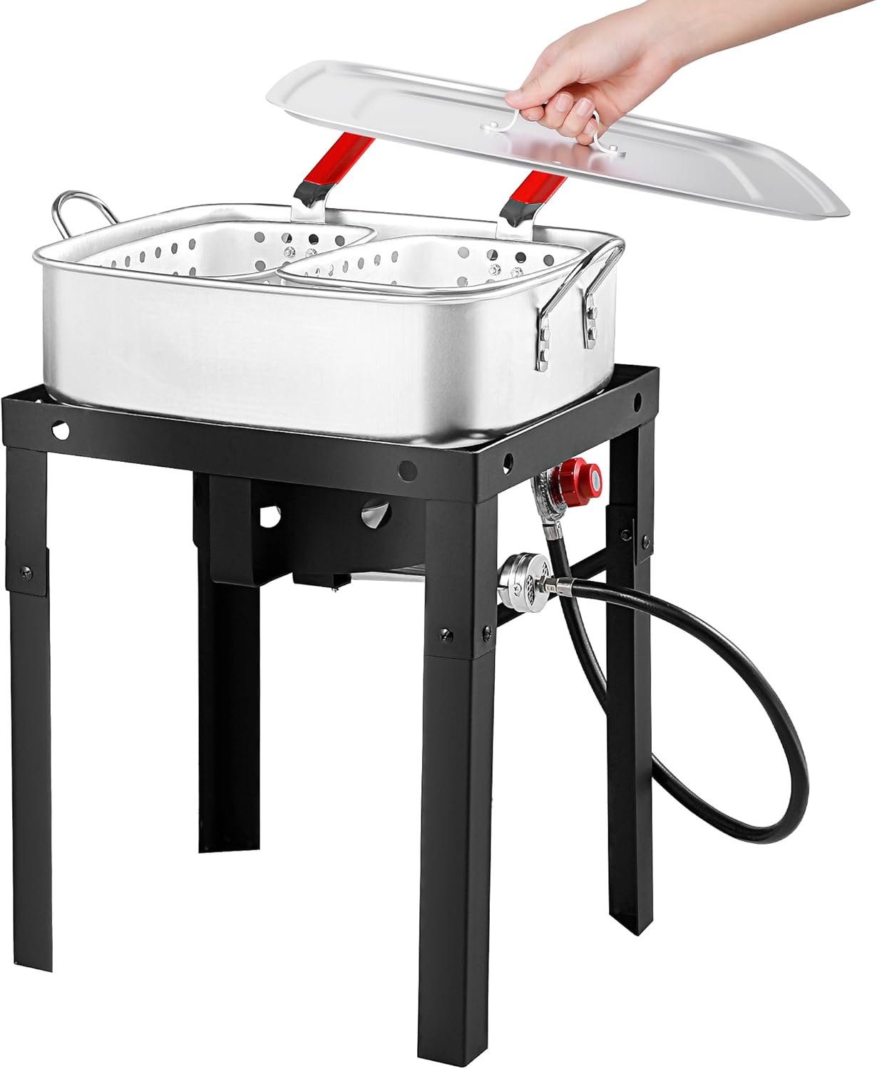 Propane Deep Fryer with 18Qt Square Deep Fryer Pot – High Grade Strainer Basket Aluminum Pot for Fish Fry, Seafood Pot – Propane Burners for Outdoor Cooking Include Lid -OT1808-2-LID