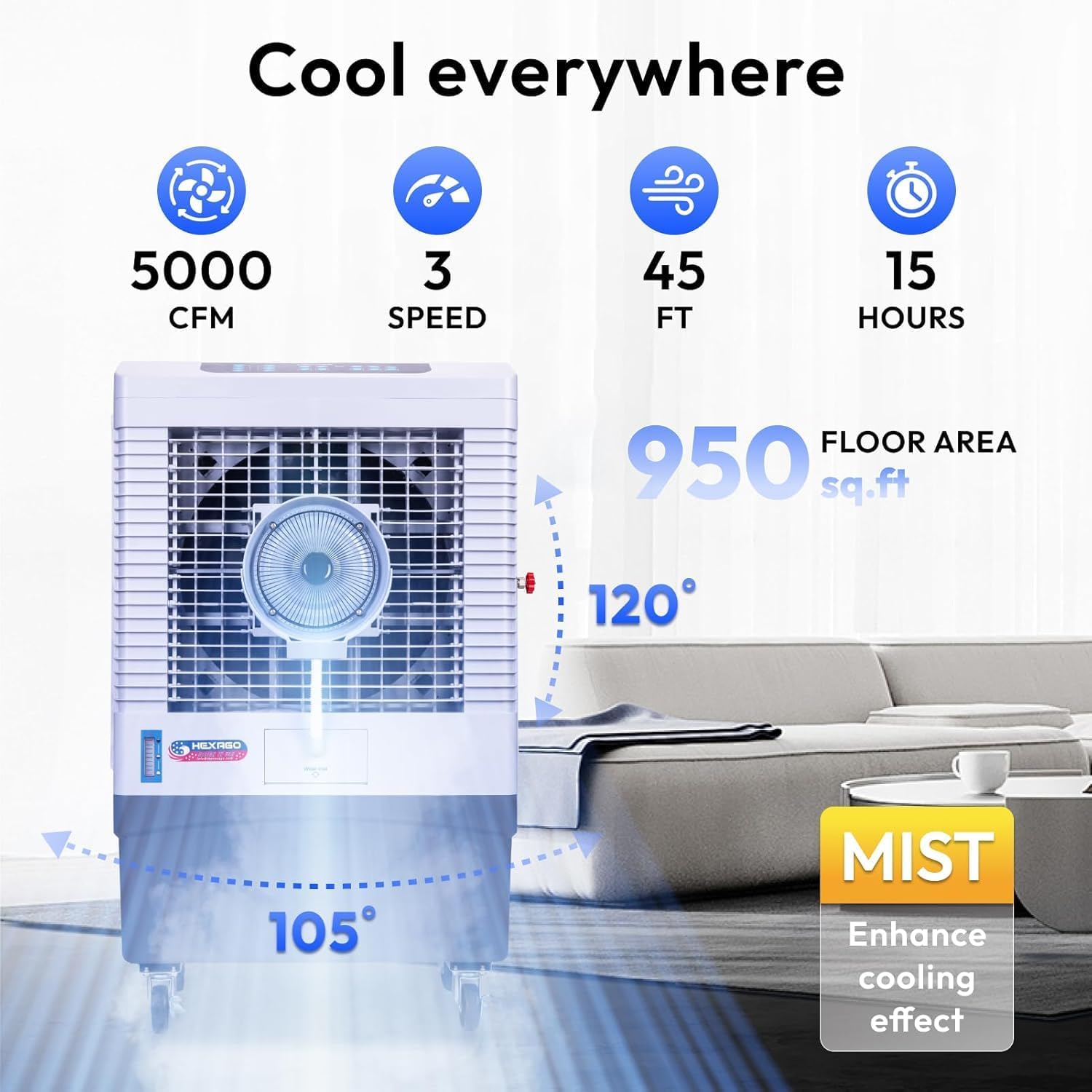 Hexago 5000 CFM Evaporative Air Cooler with Mist, 3-Speed Swamp Cooler, Remote & 15H Timer, 13.2 Gal Tank, Water Shortage Alert, 9FT Cord, ETL Listed for Indoor/Outdoor, Patio & Garage