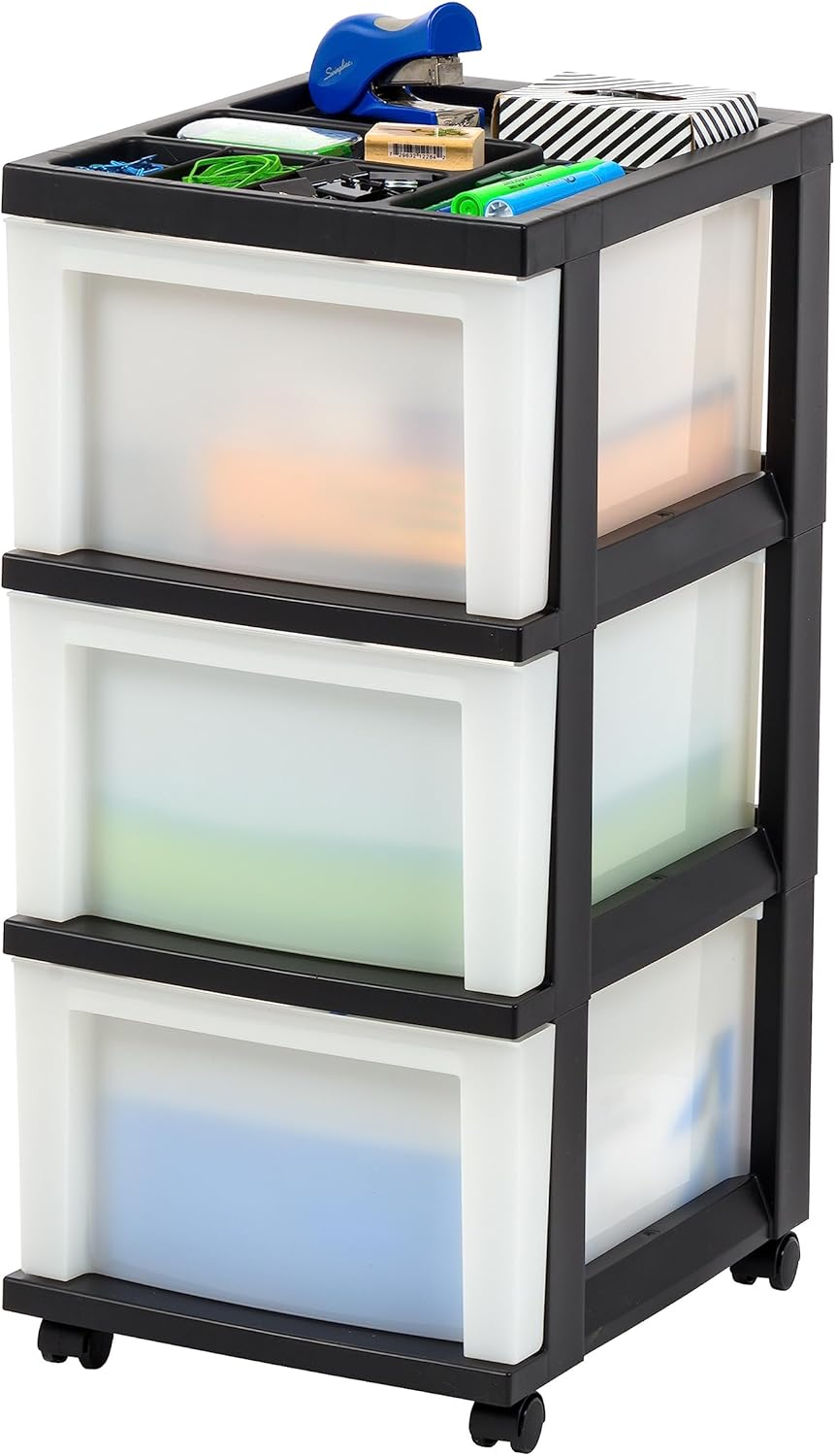 IRIS USA Plastic Drawer Storage Organizer Rolling Cart, with Wheels Casters, 3-Drawers, for Classroom Art Craft Supplies Dresser Closet Bathroom Laundry Room, Black/Pearl