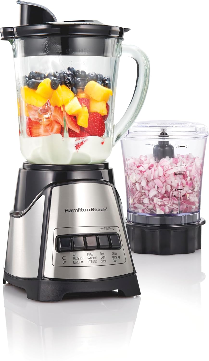 Hamilton Beach Power Elite Blender for Shakes and Smoothies with 3-Cup Vegetable Chopper Mini Food & Portable Blender for Shakes and Smoothies with 14 Oz BPA Free Travel Cup and Lid