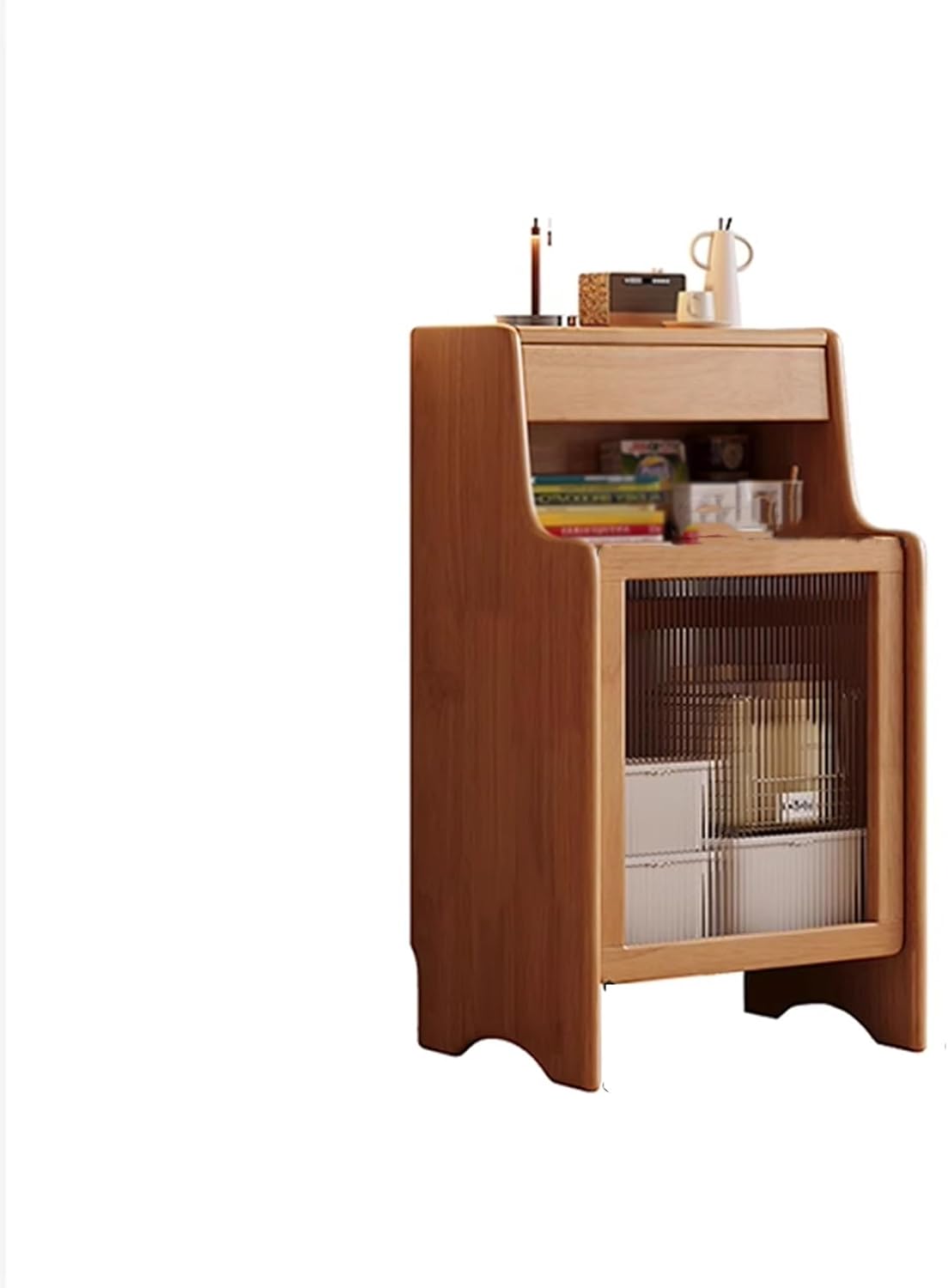 ANINGT Storage Cabinet with Doors and Drawers Robot Vacuum Hidden Cabinet, Modern Wooden Side Table with Removable Shelves (Natural, 50cm x 45cm x 90cm, Bedroom/Living Room)