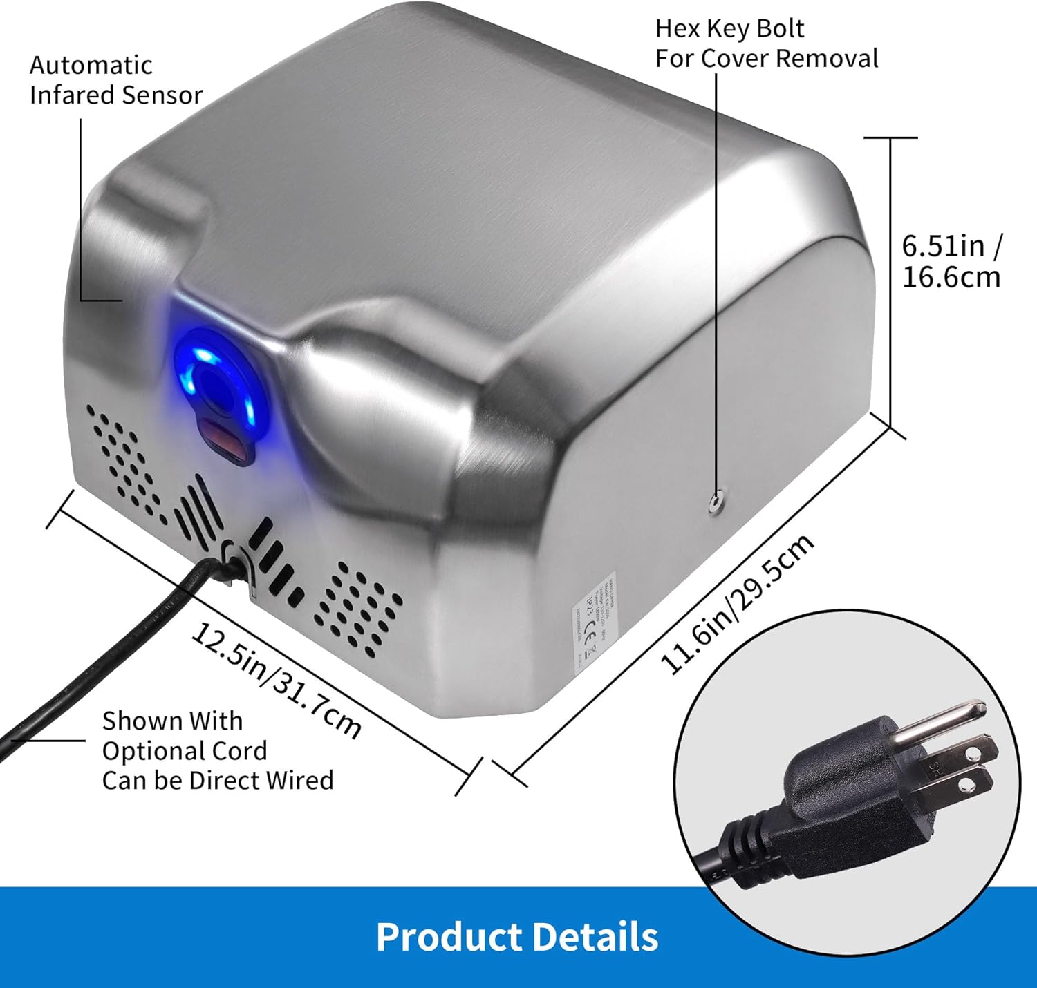 Goetland Stainless Steel Commercial Hand Dryer 1800w Automatic High Speed Heavy Duty Dull Polished