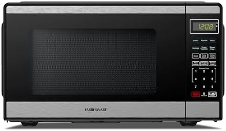 Farberware 0.9 Cu. Ft Countertop Microwave Oven - 900 Watts Power, Auto Cook Settings, Defrost, Easy Clean and Child Safety Lock - Stainless