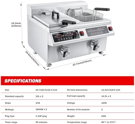 EGGKITPO Induction Fryer 24L Dual Tank Deep Fryer with Basket and Lid Countertop Electric Fryer with Timer and Oil Drain Stainless Steel Commercial Fryer for Large Restaurant and Business 120V 3600W