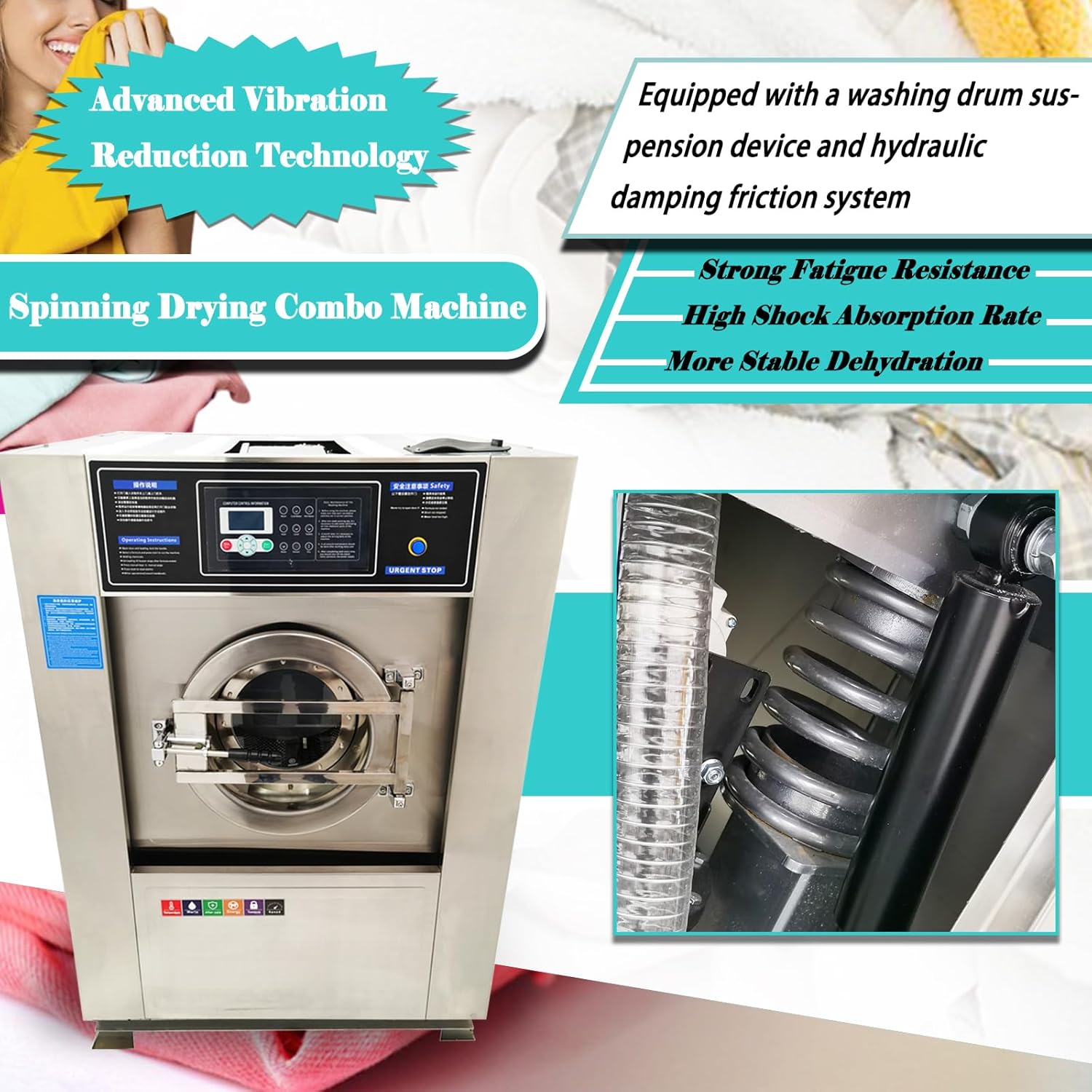 Combination Washer Dryer Automatic Washing Spinning Drying Combo Machine All-in-one Laundry Washer Dryer Extractor Machine 44LBS Capacity Washer Extractor Dehydrator 2.2KW 220V 3PH 60HZ