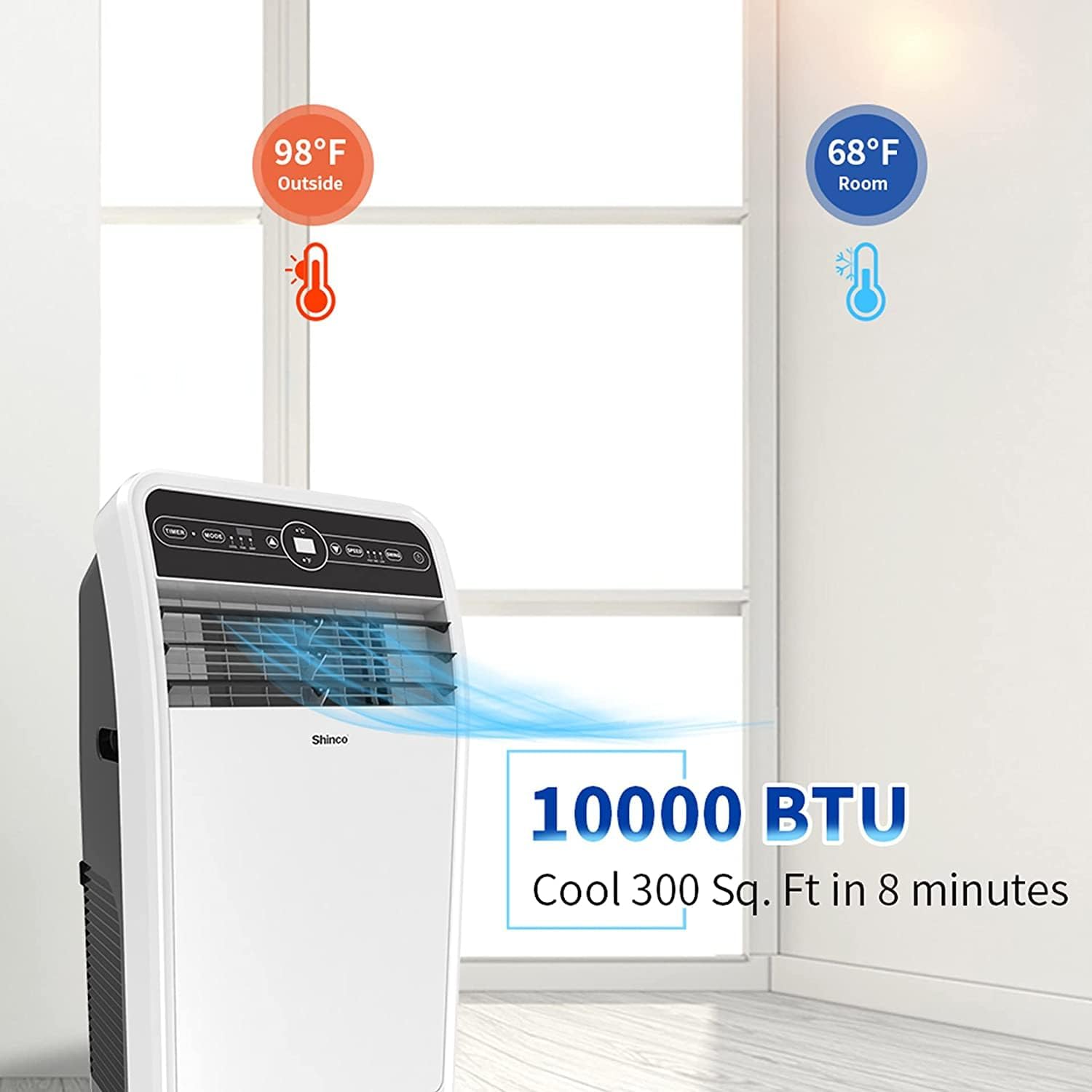 Shinco 10,000 BTU Portable Air Conditioners with Built-in Dehumidifier Function, Fan Mode, Quiet AC Unit Cools Rooms to 300 sq.ft, LED Display, Remote Control, Complete Window Mount Exhaust Kit (Renewed)
