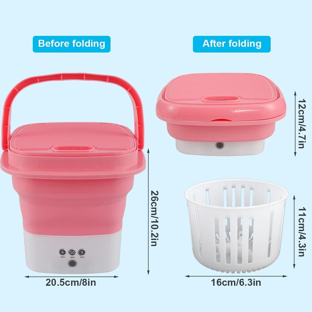 Portable Washing Machines,Small Washing Machine,Mini Washing Machine with Drain Basket Foldable Reusable Ultrasonic Washing Machine Portable Small Timer Laundry for Home Travel (2)
