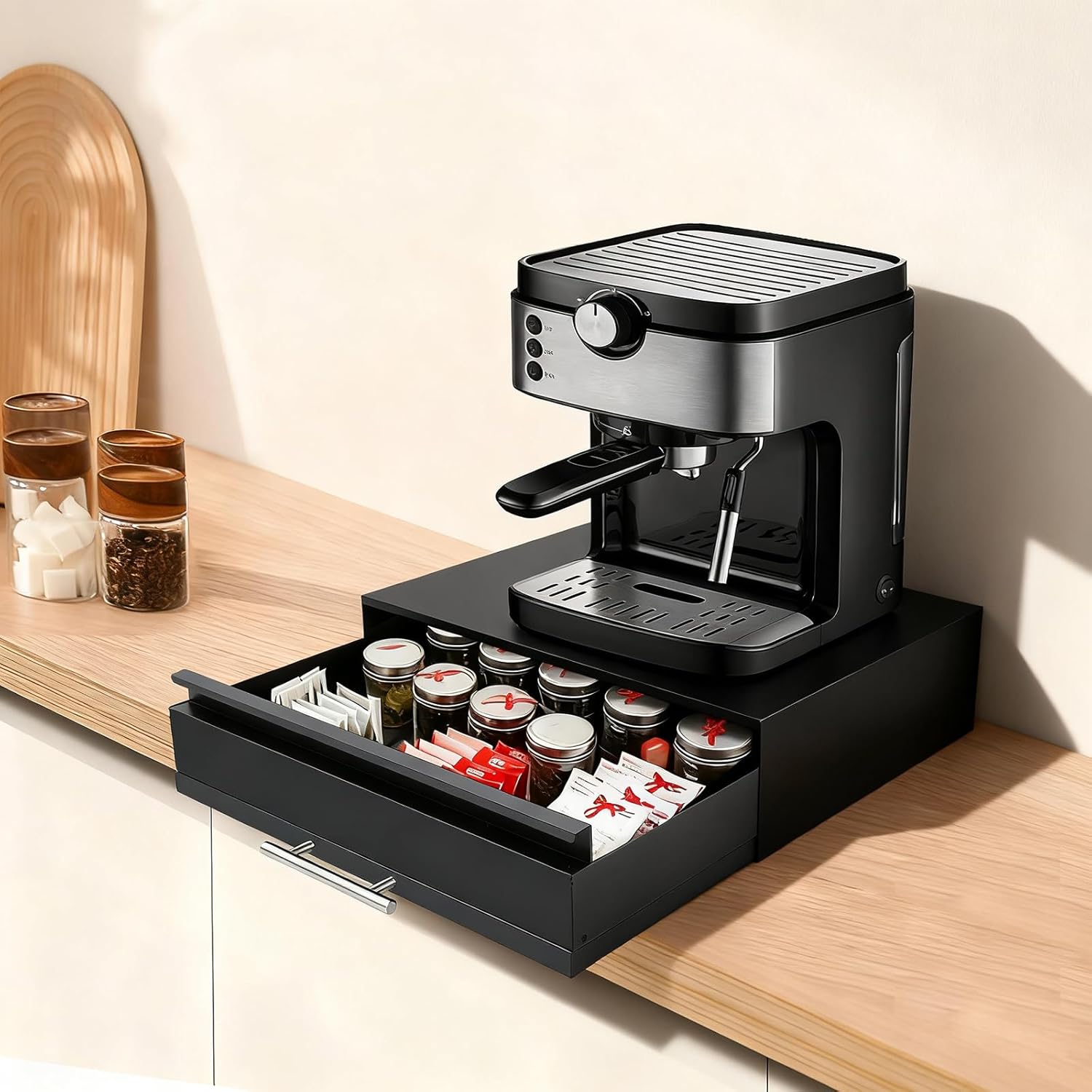 Countertop Drawer | Microwave Stand with Pull-Out Shelf & Drawer | Rust-Resistant Carbon Steel | Modern White Design | Easy Assembly | Fits Small Appliances & Kitchen Essentials (Black)