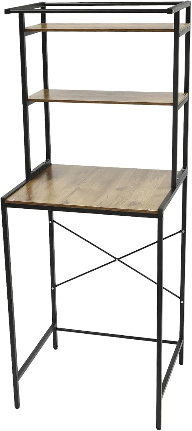 Over Washer Dryer Standing Rack Stand with Adjustable Rubber Feet, Hanging Towels Organizer Laundry Products Storage Shelf for Bathroom Laundry Room Space Saver (Black + Oak)