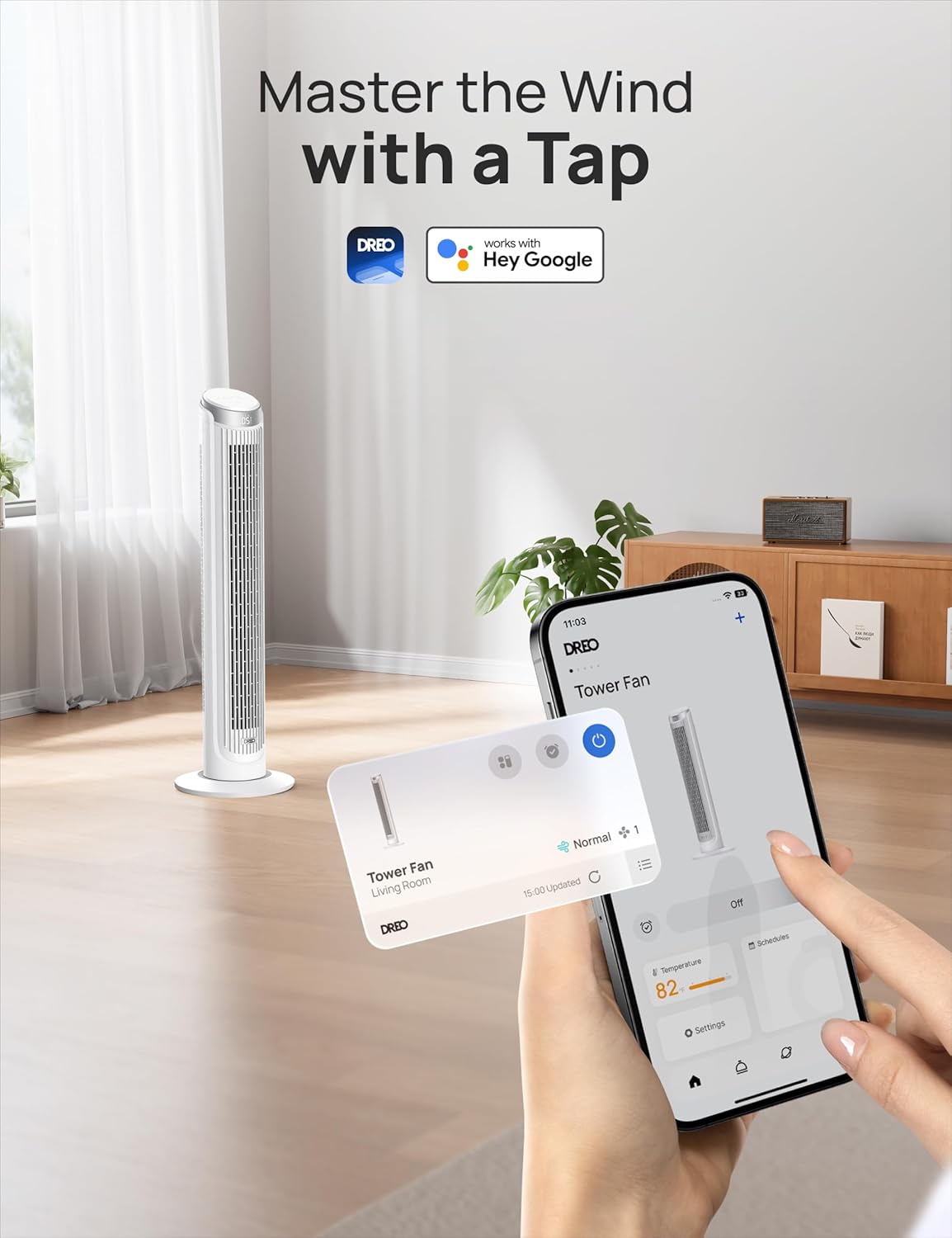 Dreo Smart Tower Fan for Bedroom, Standing Fans for Indoors, 90° Oscillating, 26ft/s Velocity Quiet Floor Fan with Remote, 12H Timer, Voice Control Fans for Indoors, Compatible with Alexa