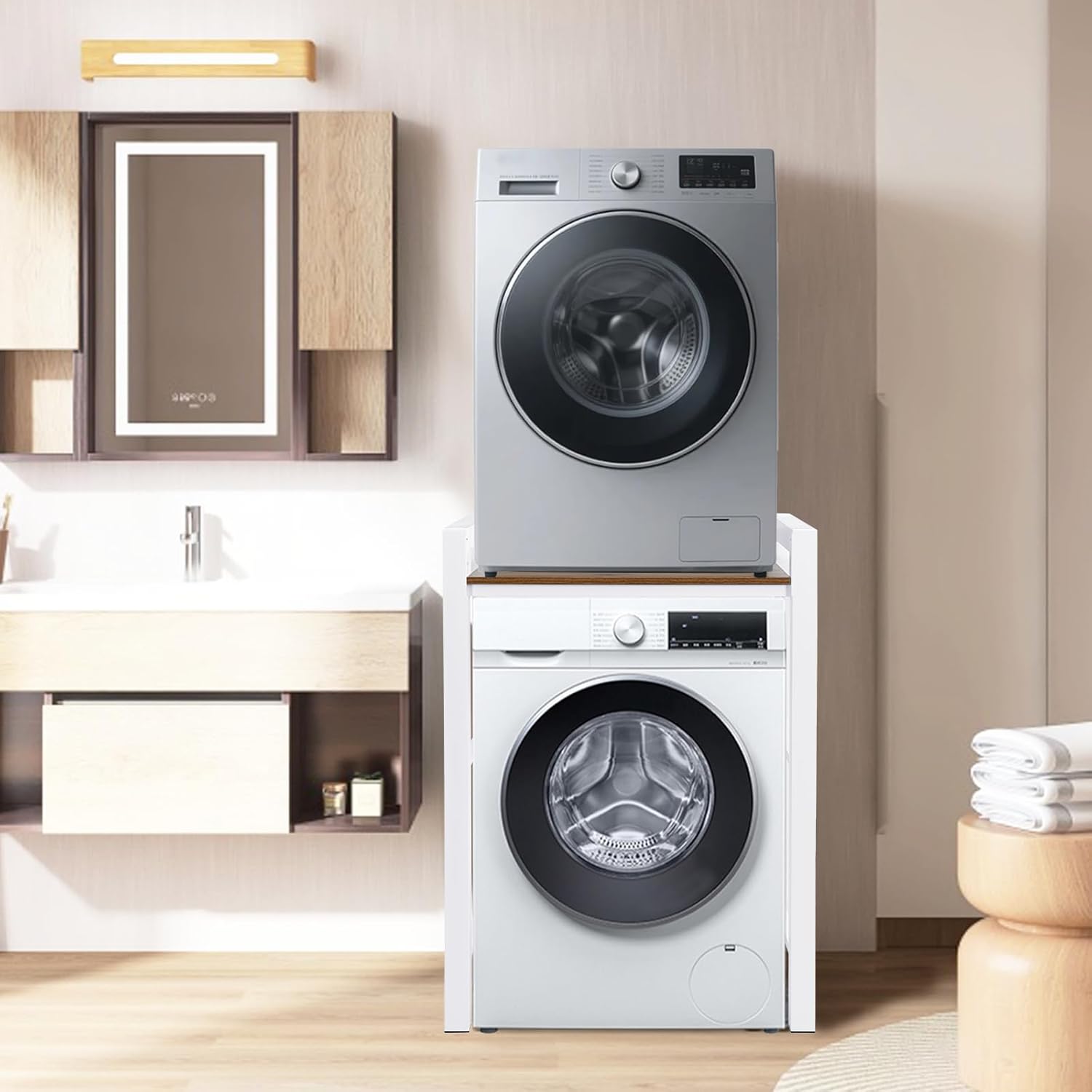 Washer Dryer Stacking Rack Stand, Portable Stacking Washer Dryer Stand, Storage Shelf Washing Machine Shelf,Over The Washer and Dryer Shelves Space Saving,Load-bearing 350kg. (White)