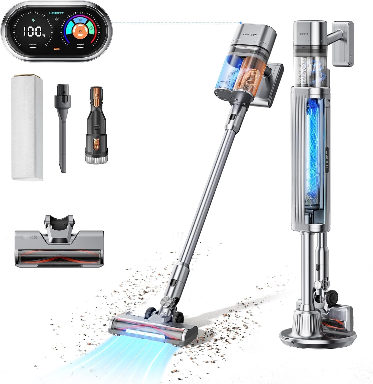 uwant Auto Empty Cordless Stick Vacuum Cleaner 200AW Powerful Suction with 6-Layer HEPA Filtration Station, Wireless Vacuum for Carpet, Hardwood, Pet Hair, Lightweight, Light Grey