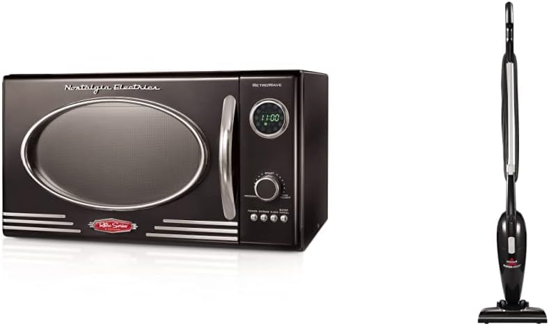 Nostalgia Retro Countertop Microwave Oven, 0.9 Cu. Ft. 800-Watts Cu.Ft, Black & BISSELL FeatherWeightâ Featherweight Stick Lightweight Bagless Vacuum with Crevice Tool, 2033M, Black