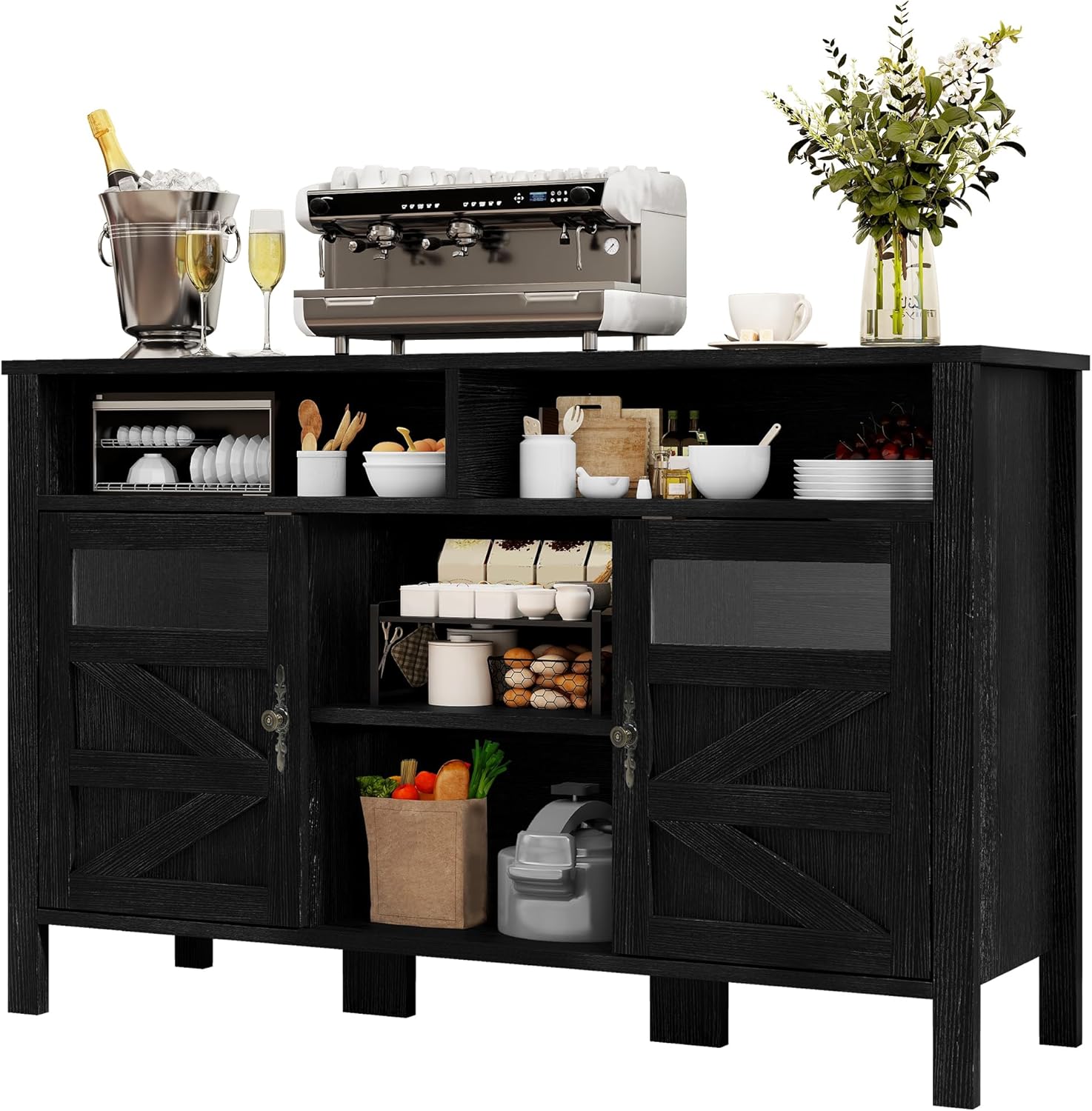 YITAHOME 55'' Farmhouse Buffet Cabinet with Storage, Large Sideboard Cabinet with 2 Doors & Open Storage, Versatile Coffee Bar Table for Kitchen & Living Room (Black)
