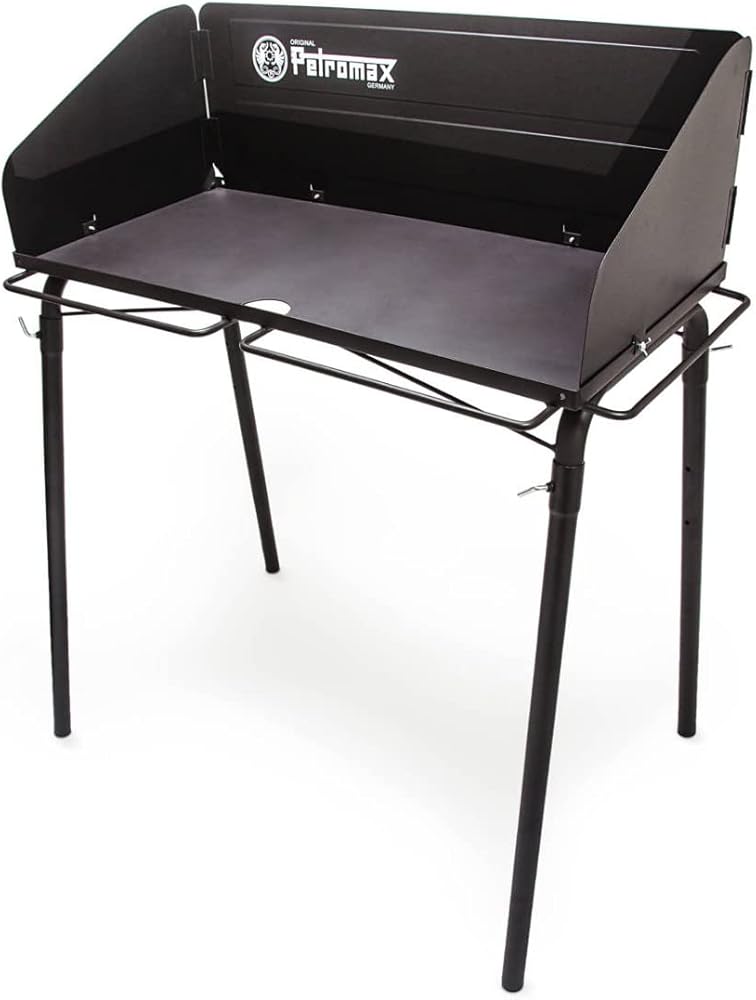 Petromax Outdoor Cooking Table for Dutch Ovens, Steel Camping Cookware Stand with Windbreak and Hooks, Holds Up to 220 Pounds, 17.7