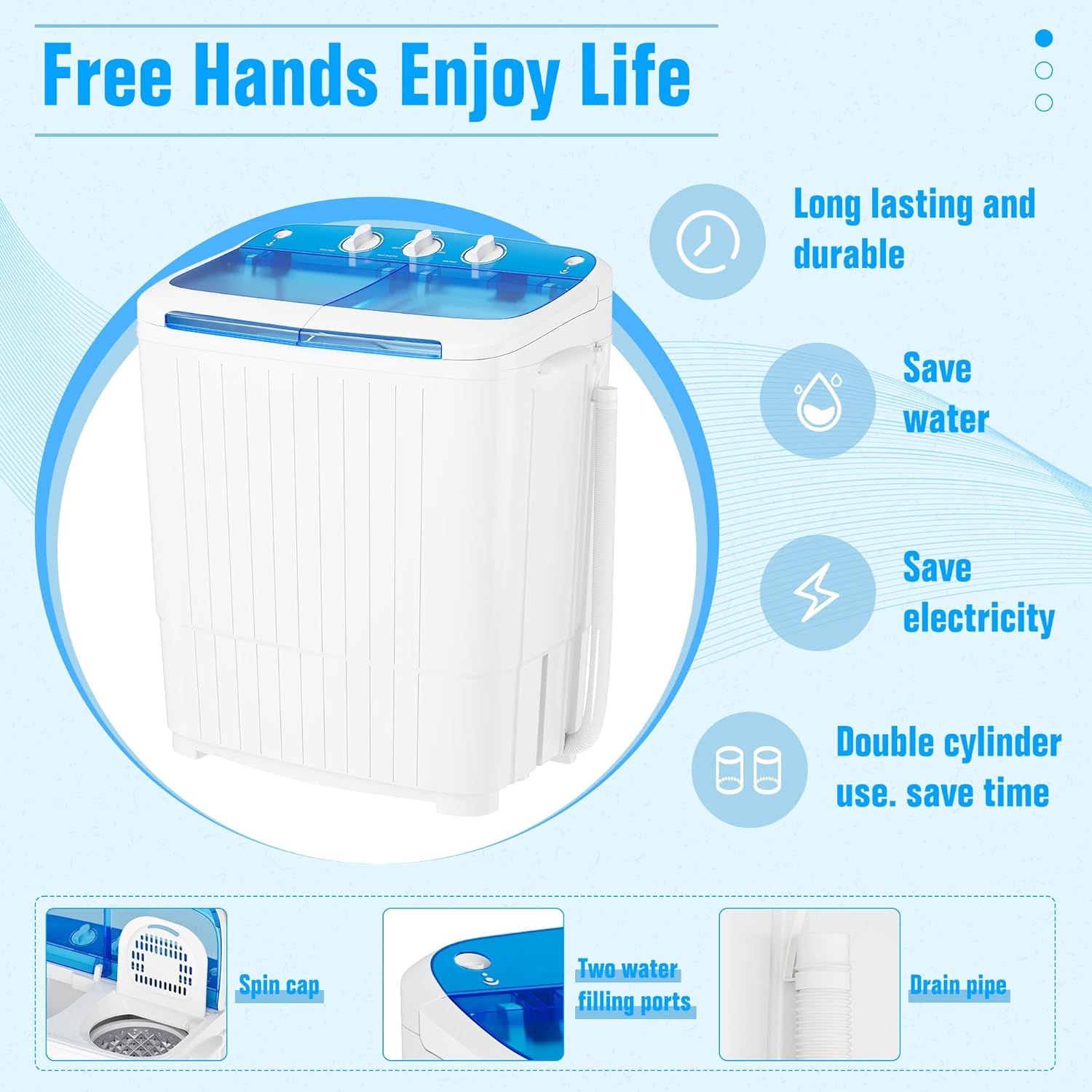 SUNCROWN Portable Washing Machine 16lbs, Compact Twin Tub Semi Automatic Washer, Energy-Saving Mini Laundry Combo with Extended Drain Hose & Pump for Apartments, Dorms, RV, (White & Blue)