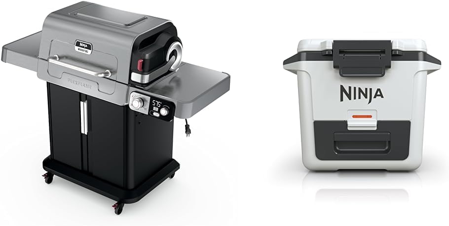 Ninja | Outdoor | FlexFlame Grill and Smoker with 30QT Hard Cooler| 5-in-1 Cooking System | Dry Storage Drawer Insulated Cooler | White