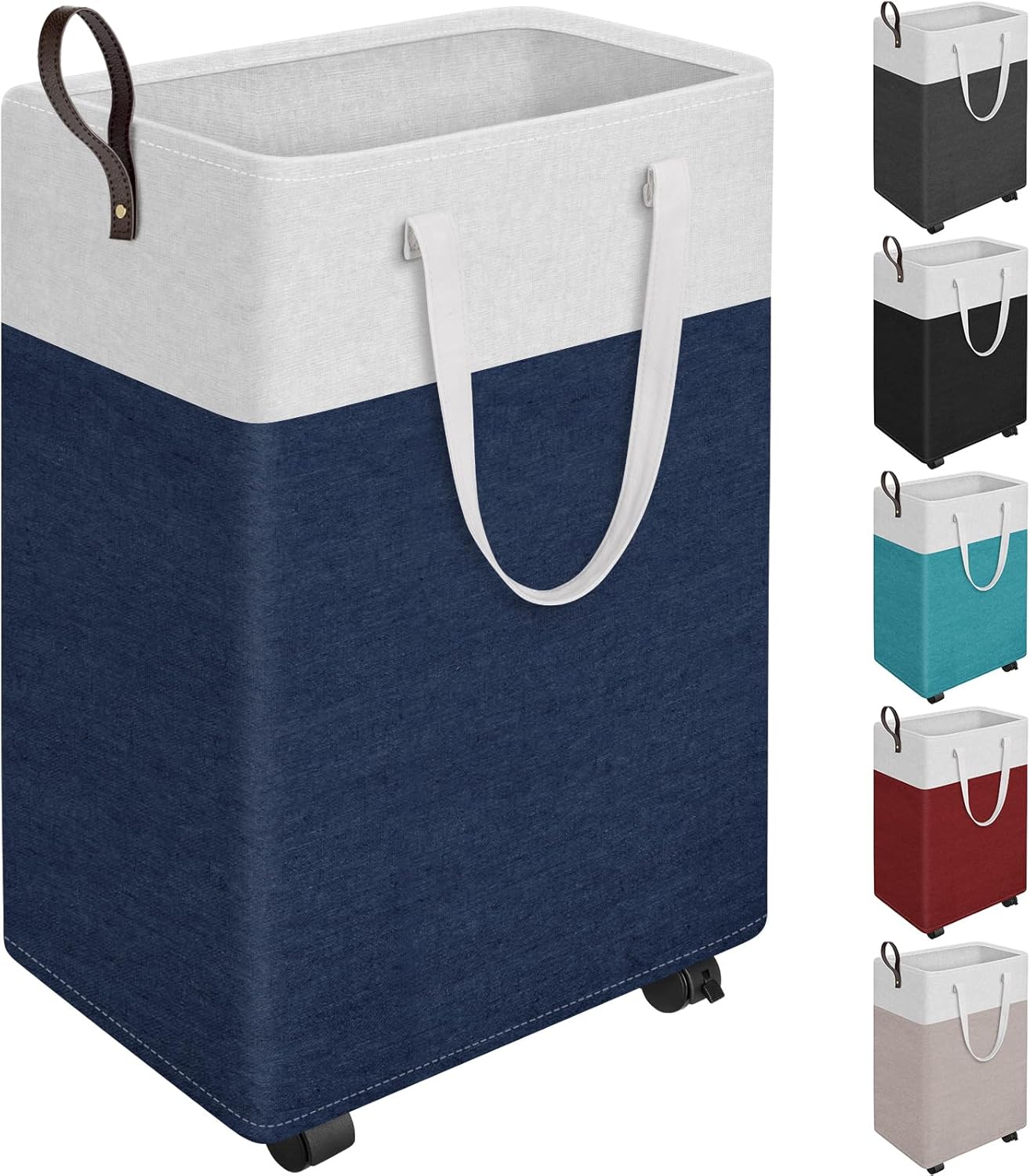 HomeHacks 90L Rolling Laundry Hamper with 4 Smooth Wheels, Collapsible Waterproof Clothes Basket, Freestanding Tall Hamper with Extended Handles for Bedroom/Dorm/Laundry Room (Blue)