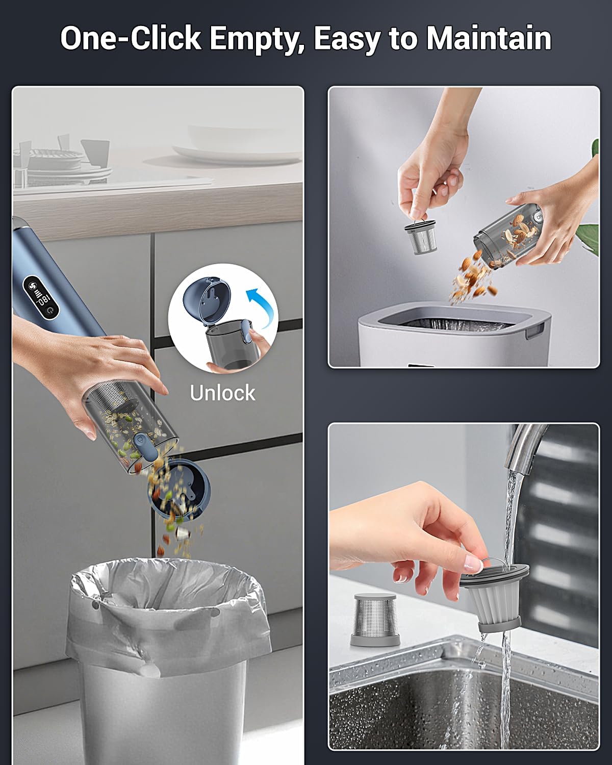 Handheld Vacuum Cordless, Powerful 18Kpa Car Vacuum with Brushless Motor, Portable Hand Held Vacuum with 3 Speed Modes, 5- in-1 Mini Vacuum Cleaner with White LED & Red Flash for home/Car/Office