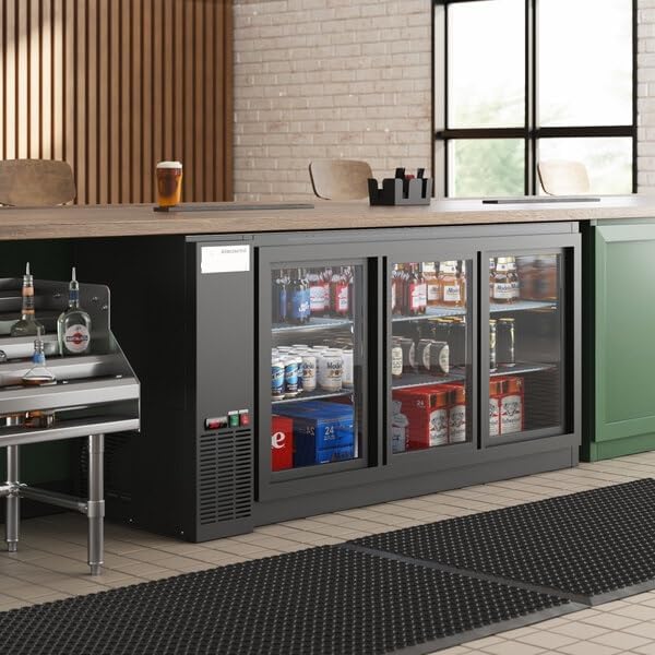 73-Inch Black Underbar Sliding Glass Door Back Bar Refrigerator with LED Lighting, Galvanized Top, 3 Doors, 21.6 Cu Ft Commercial Beverage Cooler, 72.75x24.44x34.81 Inches