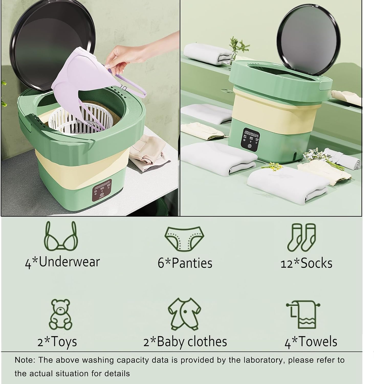 Portable Washing Machine, Mini, Foldable, Washer, Small Washing Machine, for Underwear, Socks, Baby Clothes (Color : Green)