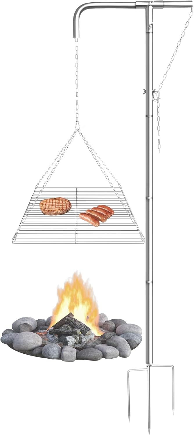 Stainless Steel Campfire Grill - Adjustable Height,360° Rotatable & Foldable Camp Fire Cooking Equipment,Heavy Duty Portable Outdoor Open Flame Grilling Rack for Camping