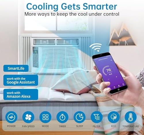 6000 BTU Energy Saving Window Air Conditioner - Efficient Cooling for 250 Sq. Ft., WiFi Smart Controls, Multi-Function Dehumidifier & Fan, Quiet Operation at 50 dB, Easy Installation Kit Included
