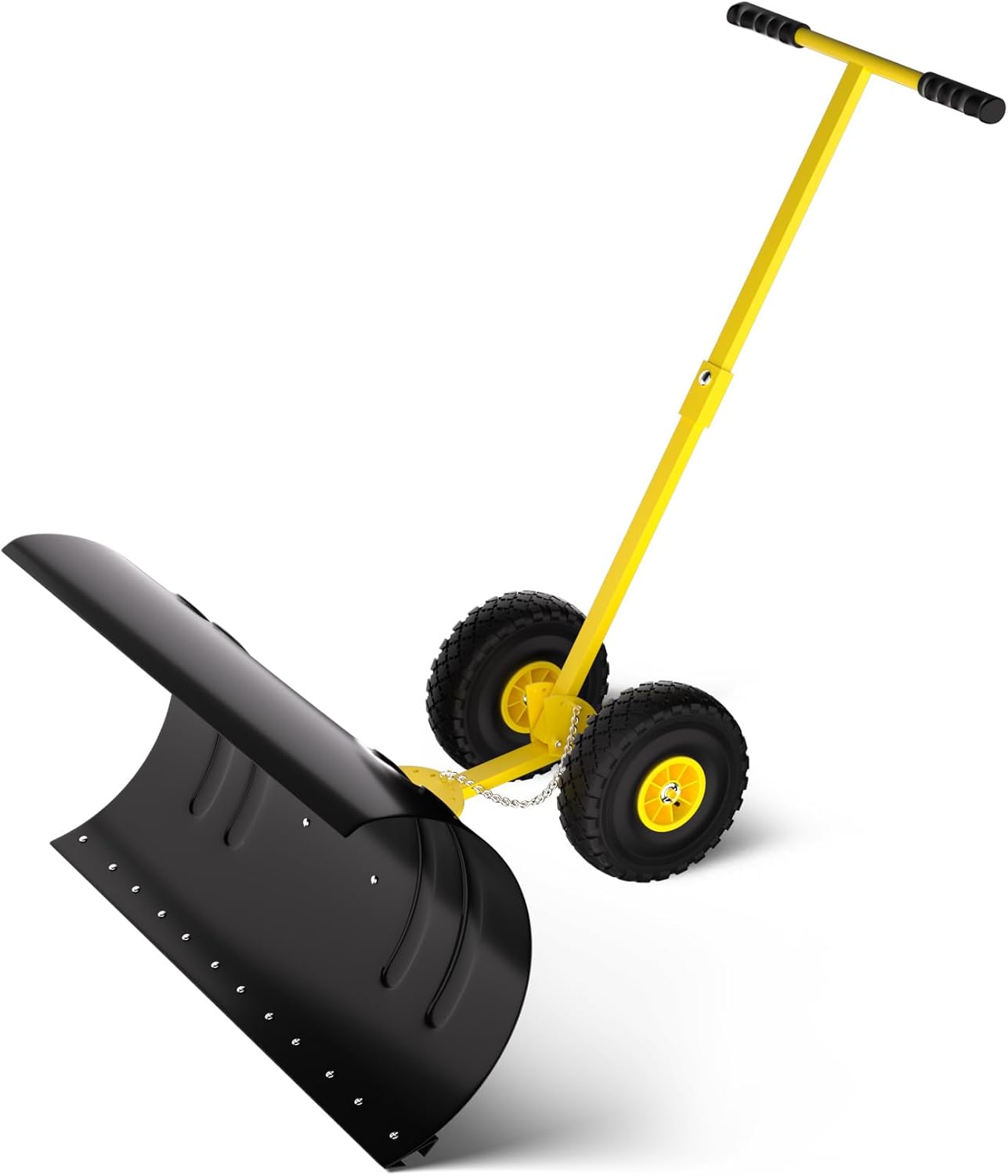 Heavy Duty 36-Inch Steel Snow Shovel with Wheels – Adjustable Blade Angle, 5-Height Ergonomic Handle, Single Rod, Durable Push Snow Plow for Driveways, Sidewalks, Yards – Yellow Handle/Hub, Single Rod