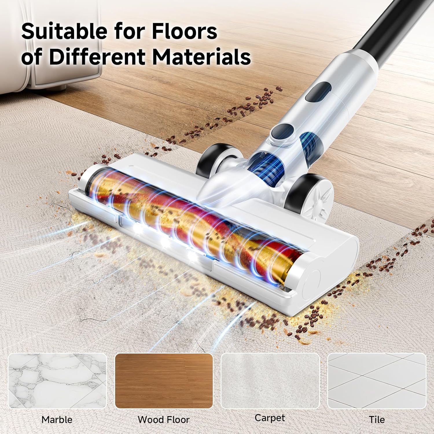 Cordless Vacuum Cleaner for Home - Lightweight, Stick Vacuum Clean with Rechargeable Battery, Max 45Mins Runtime, 8 in 1 Handheld Vacuum for Hardfloor & Carpets Pet Hair, White&Yellow