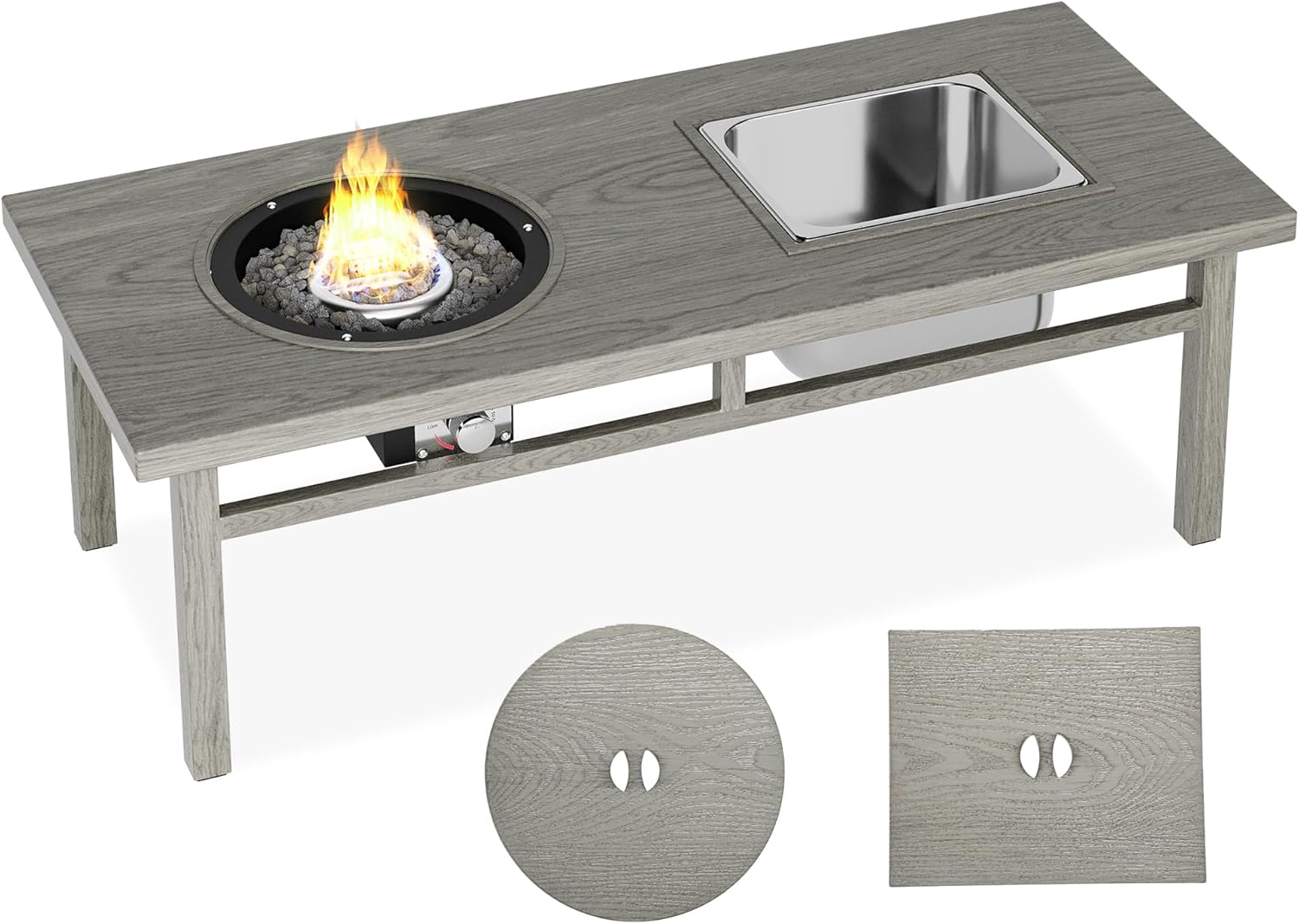 3-in-1 Coffee Table with Ice Bucket and Fire Pit – Beige, Durable Aluminum Table with Wood-Like Grain Design for Outdoor Patio