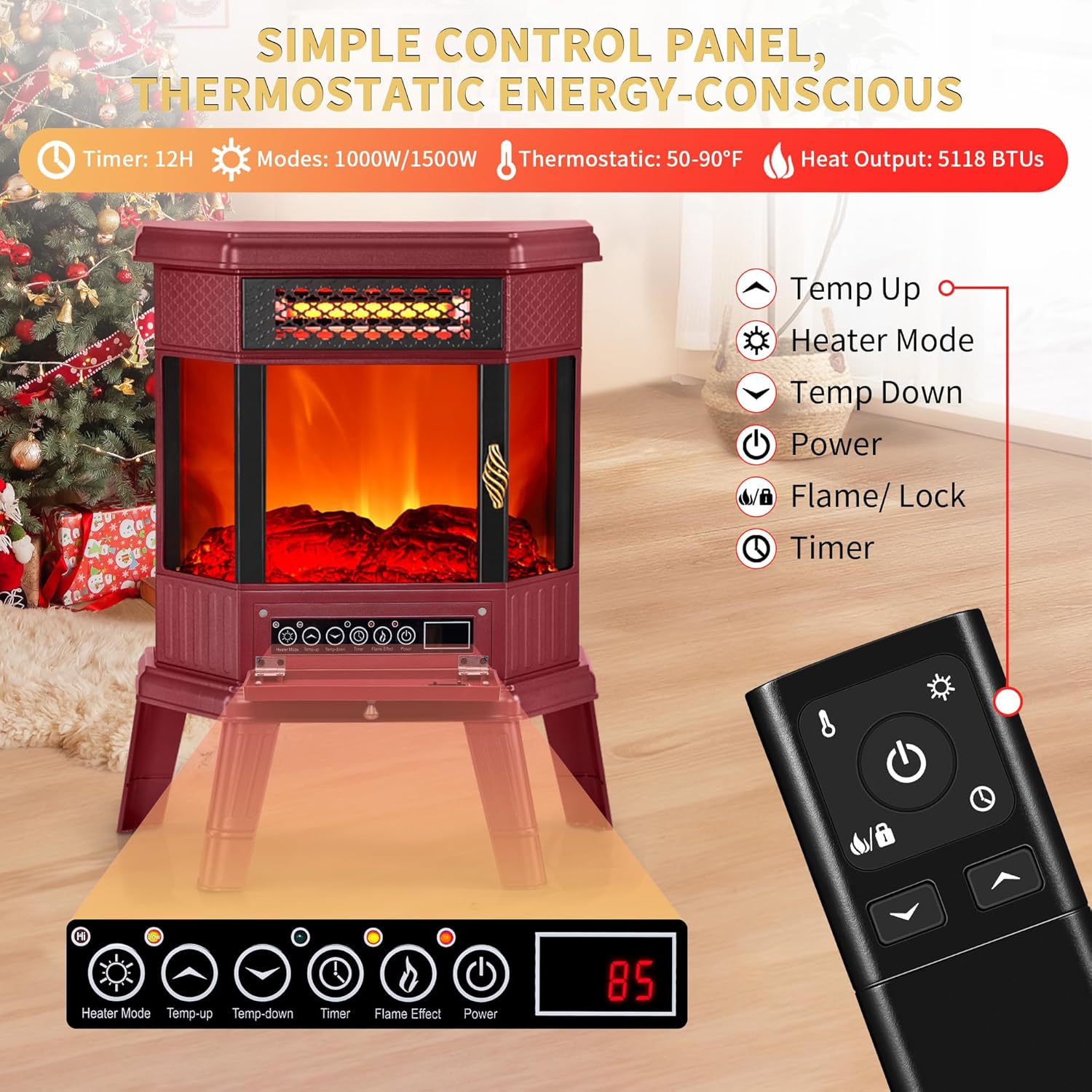 Electric Fireplace Heater 22 in Freestanding Fireplace Stove Infrared Fireplace RealSmart with 3D Flame Effect Remote Control, Timer, Overheating Protection Heater for Indoor Use Black (Christmas Red)