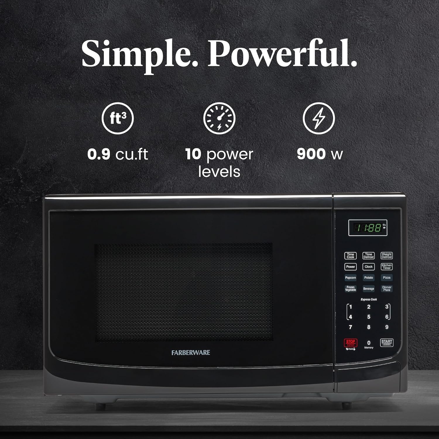 Farberware 0.9 Cu. Ft. Countertop Microwave Oven – 900 Watts Power, Auto Cook Settings, Defrost, Easy Clean and Child Safety Lock - Black