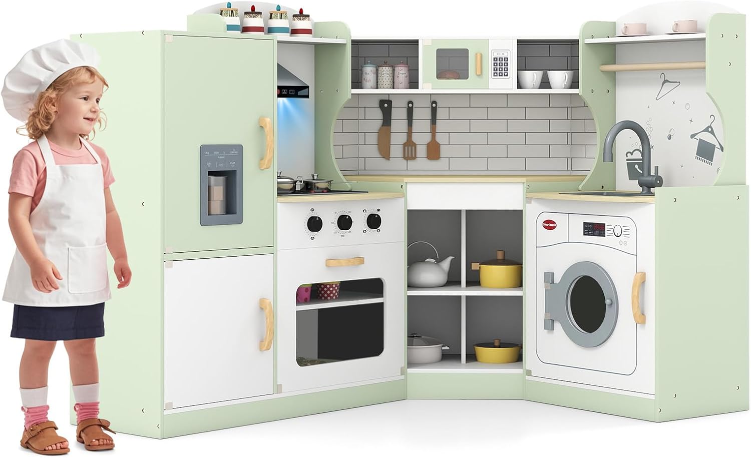 Costzon Corner Kids Kitchen Playset, Wooden Play Kitchen w/Sounds & Lights, Washing Machine, Range Hood, Ice Maker, Microwave, Oven, Sink, Pretend Toy Kitchen Set for Toddler, Gift for Boys Girls